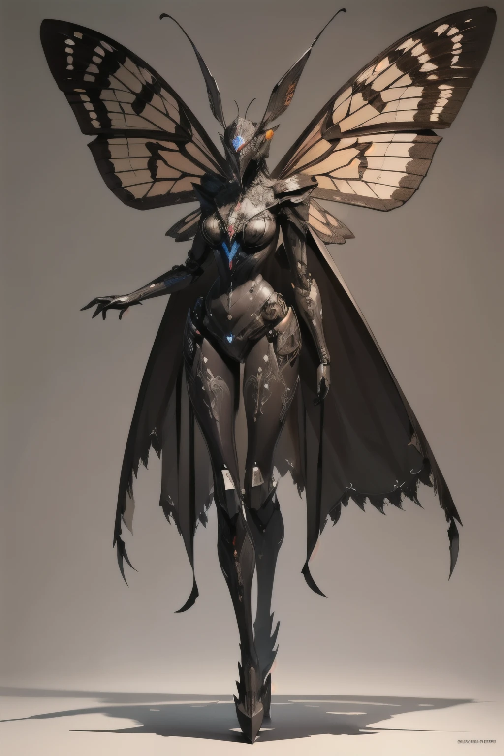 a giant robotic moth, made of black metal, intricate like a giant puppet