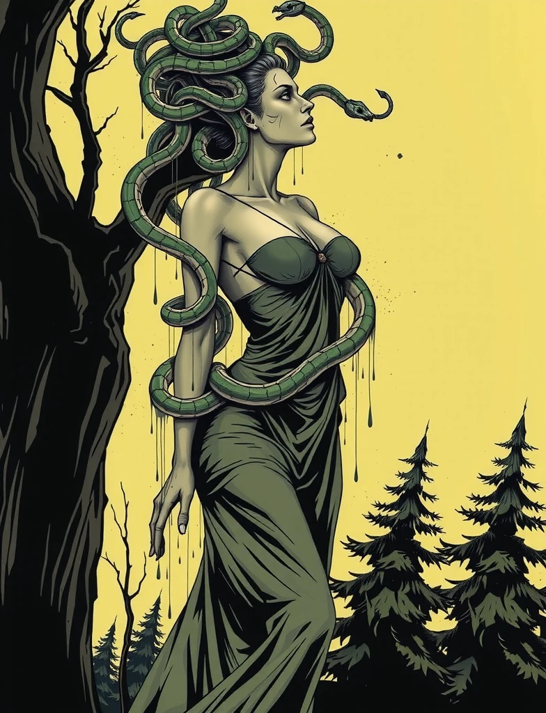 Medusa, hand drawn ink on paper illustration, vintage 2d line art, double exposure, optical illusion, snake skin dress, (face, ornate black metal corpse paint, resembles Grace Jones), (lamia, gorgon, snake woman hybrid, human upper-body, snake tail lower-body), snake-haired, (art style "Sean Gordon Murphy" comic drawing, splash panel), body drawn in Frederic Delavier musculature anatomical illustration art style, candid, (horror, abstract, surreal, body, cosmic), (background, pine barrens, entropy, rewilding, magic hour nautical twilight), (snake-haired head covered in snakes, resemble pantera great southern trendkill), silhouette, full length portrait, (Naga, snakefolk), (colors, forest green to earth brown, merge bleak muted deep fiery radiant glowing CMYK hues, (art style Gerardo Zaffino charcoal), nyctophobia,
