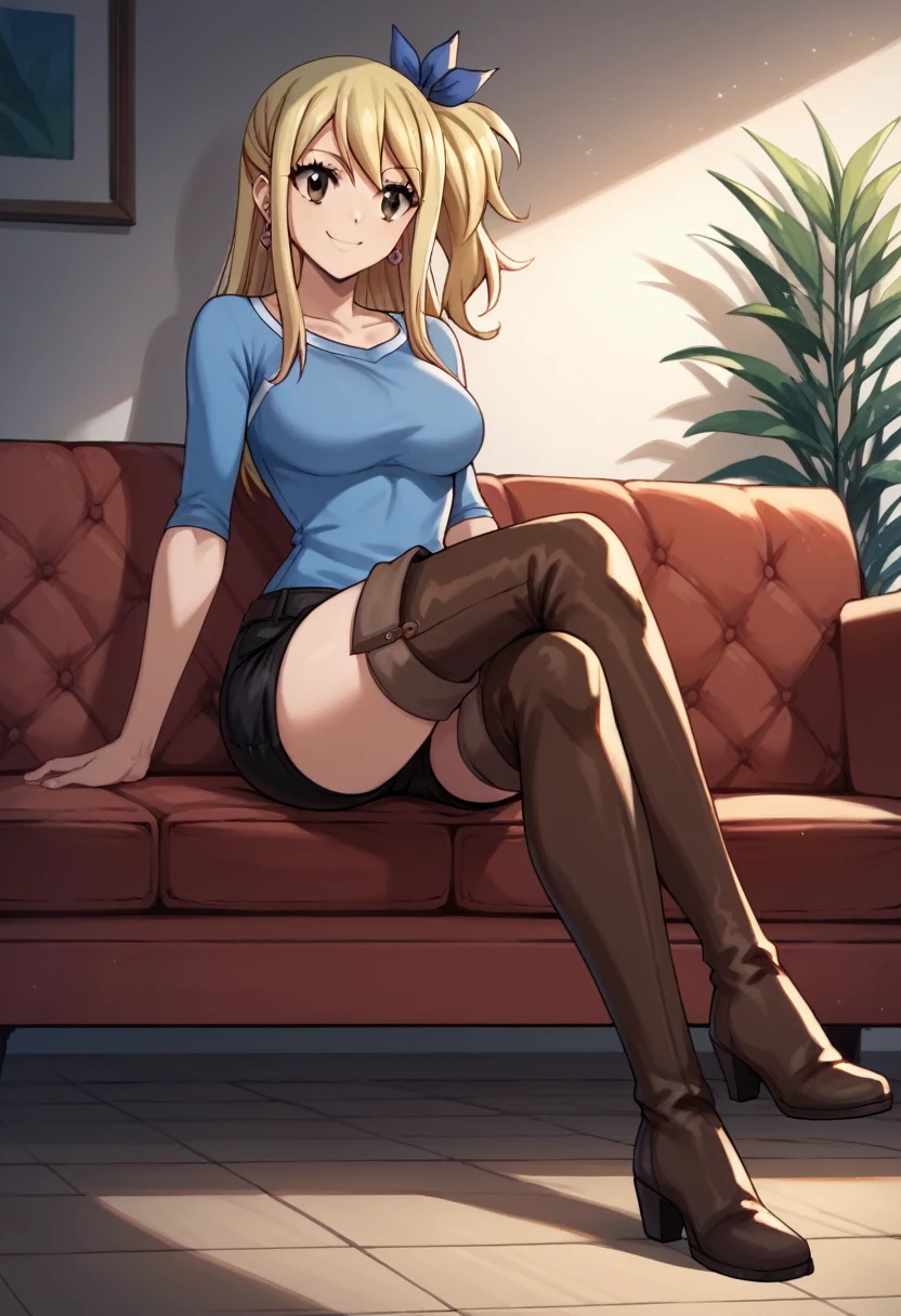 score_9, score_8_up, score_7_up, score_6_up, score_5_up, score_4_up, source_anime, 1girl,lucy heartfilia, smile, blonde hair, long hair, side ponytail, blue ribbon, brown eyes, middle breasts, earrings, thigh high boots, brown boots, blue shirt, black shorts, crossed legs, sit, sofa, room, best quality, best res, 4K UHD,
 