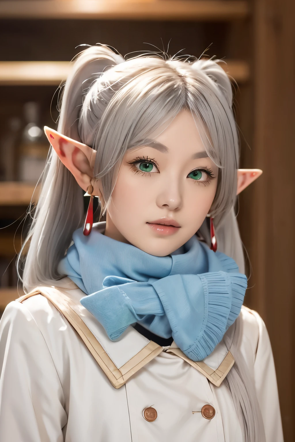 1girl, solo, elf, (white hair, grey hair), earrings, pointy ears, long hair, ponytail, green eyes, twintails, parted bangs, thick eyebrows,
BREAK FrierenWinter, long hair, twintails, earrings, blue scarf, white coat, black pantyhose, brown boots,
BREAK very high quality, masterpiece, High resolution, high quality, natural skin, (upper body:1.2) photo of as (young:1.0) woman, (8K UHD:1.0), (best quality:1.0), (masterpiece:1.0), (sharp focus:1.0), RAW photo, Realistic photos,