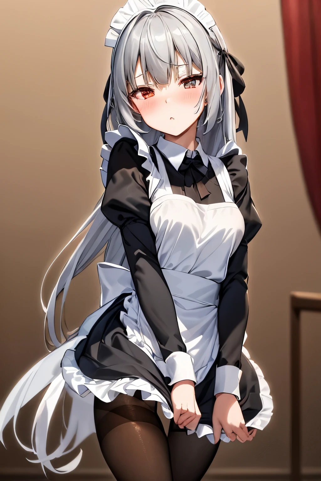 (Best Quality:1.2),  Alone、Luminous Valentine,Silver Hair、Long Hair、(blush:1.1), Embarrassing, View your viewers、((Maid uniform))、((pantyhose))、、(Black Panties)