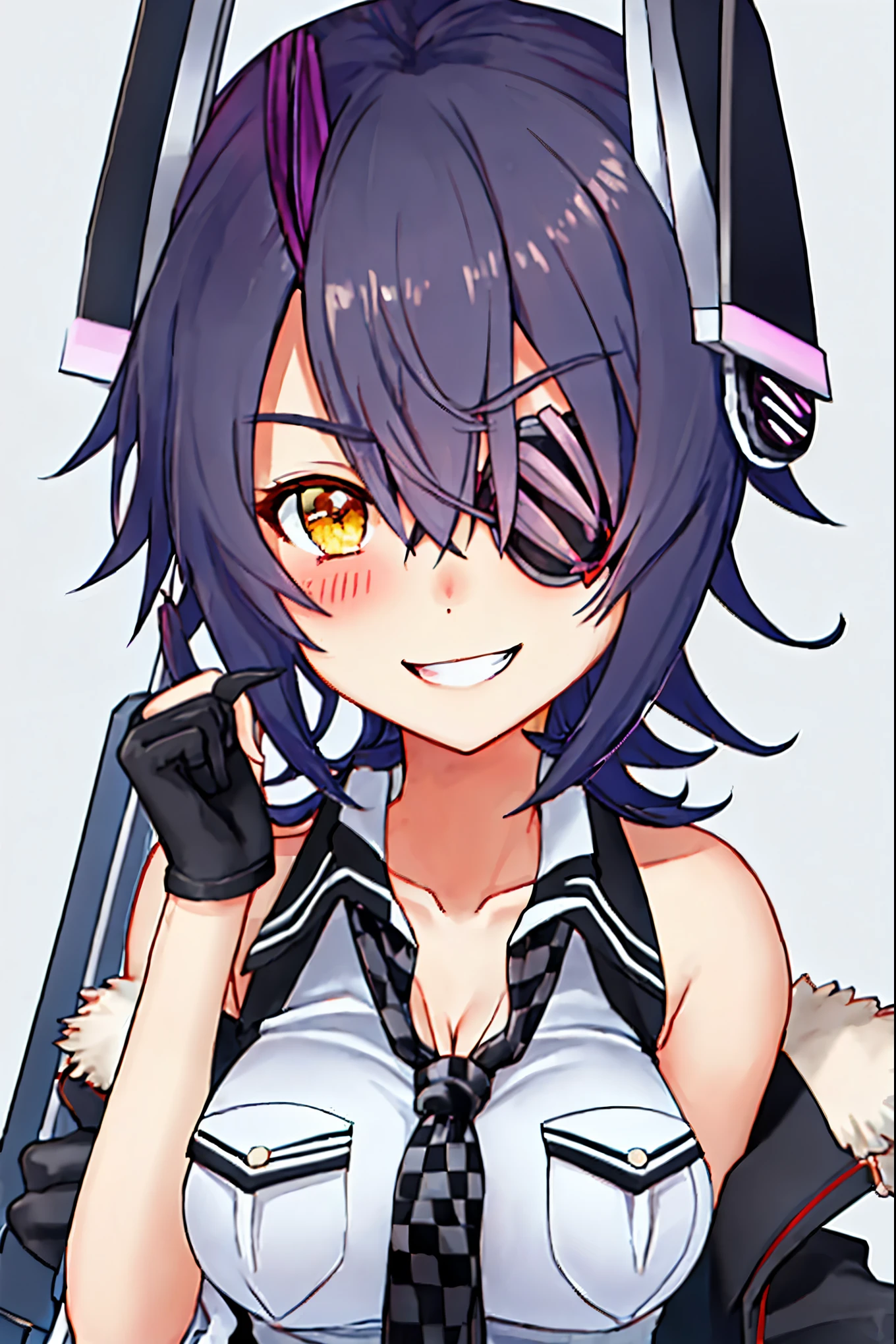 best quality, masterpiece, solo, {tenryuu_kantaicollection:1.15}, teen_girl, eyepatch, short_hair, purple_hair, yellow_eyes, headgear, breasts, necktie, big_breasts, smile, 1girl, blush, checkered_necktie, hair_over_one_eye, shirt, portrait, white_shirt, jacket, sleeveless, fur-trimmed_jacket, fur_trim, collarbone, looking_at_viewer, pocket, breast_pocket, messy_hair, black_gloves, gloves, partially_fingerless_gloves,harbor_road_landscape_background,outdoor,nihl, cleavage,solo