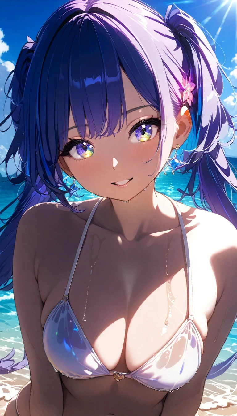 (masterpiece, best quality, highest quality, uhd), 1 girl, on the beach, sexy pause, sun shien beam, Blue Sky, white cute bikini, medium blest, long silver twin tail hair, 
dropsmile, wet, Splash, Water, dynamic angle lenz flair, dof