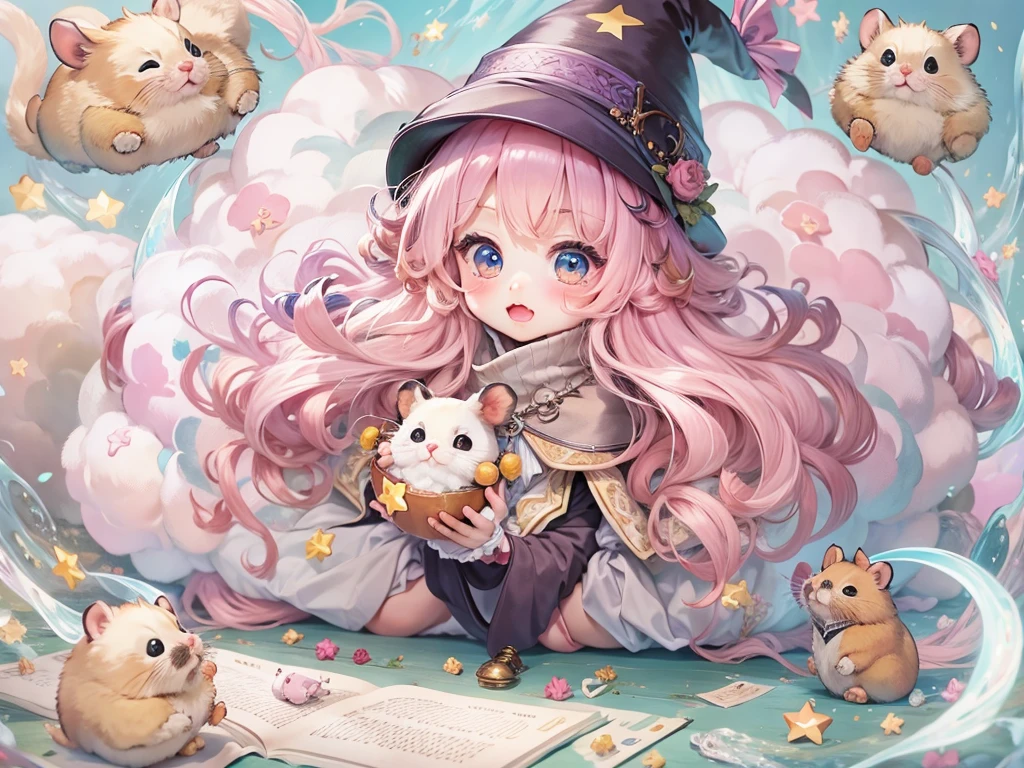 (, hamsterになったひつじちゃん:girl:Fluffy pink long hair:Thick eyebrows:ピンクのWizard&#39;s Clothes), 魔法で戦うhamster, (hamsterウィザード:Wizard&#39;s Clothes:Magician&#39;s wand:Wizard&#39;s Hat:detailed),Use of magic,Magical Effects,,Optics,colorful, masterpiece, Best Quality, Fluffy hamsters, Show all,Chibi,cute,超fun,fun,Anatomically correct,The cutest hamster,,hamster,