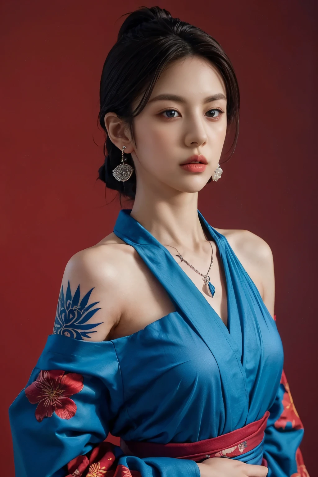 A young woman with short, tousled blaCk hair and blue eyes stands confidently against a vibrant red background. She wears a floral-patterned kimono with rich colors, partially revealing her tattooed arms and neck. Her intricate tattoos include stylized designs on her skin, and she accessorizes with layered necklaces and earrings. A katana is positioned over her shoulder, adding an element of strength to her pose. The overall composition exudes a blend of elegance and edginess.