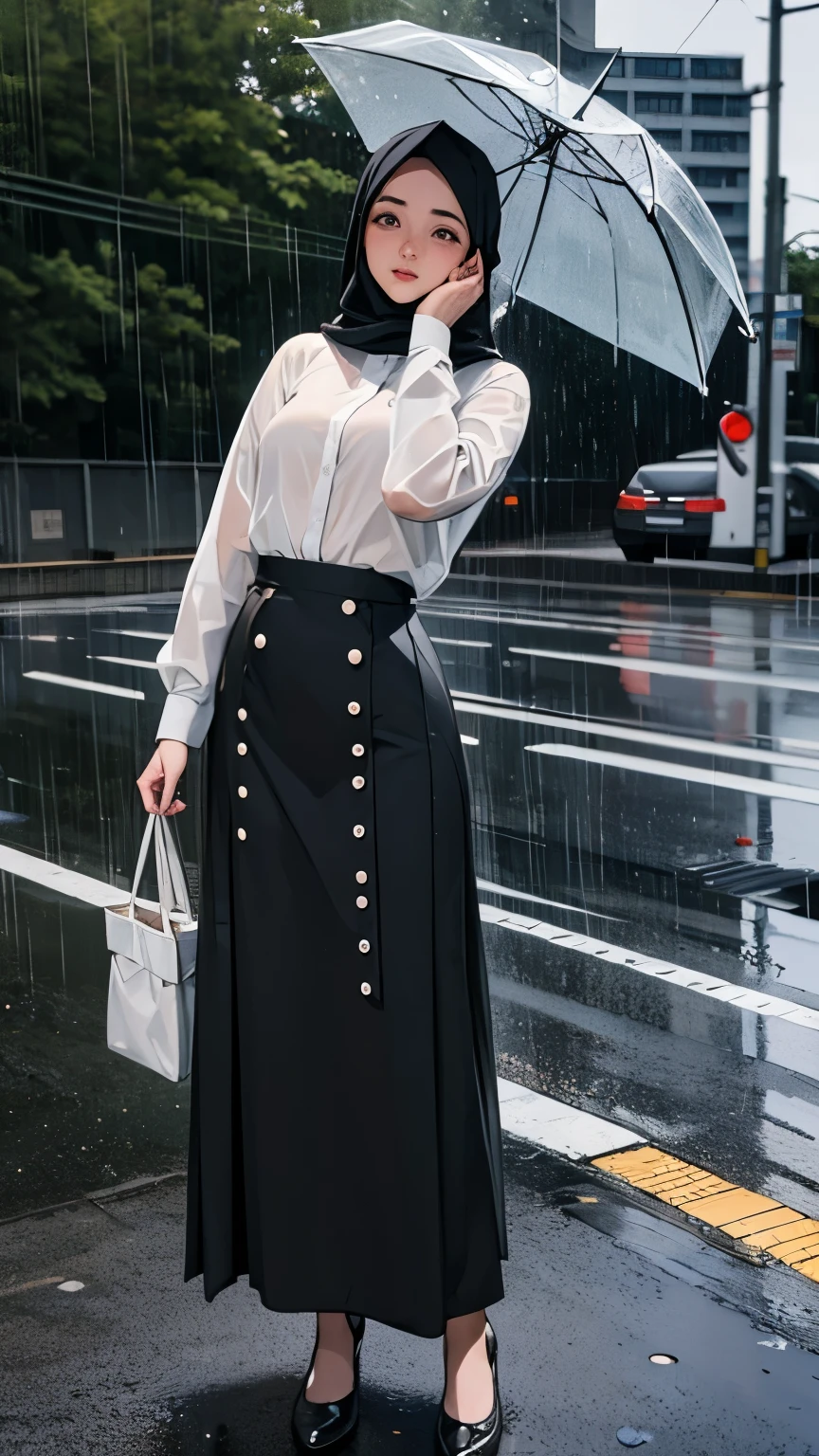 Best Quality, Masterpiece, Ultra High Resolution, ultra detailed object, detailed background, (Realisticity: 1.4), Full Body, Original Photo, Rainy Season, (Rain:1.2), Drama film light, Drama film contrast, 1Girl, Teen, long sleeves, button shirt, long skirt, Film Lighting, beauty, hijab, small boob, on the streets, after school, detailed body textured, oily, wet shirt, hand cover head from rain, rainy days, ((sad)), blushing,