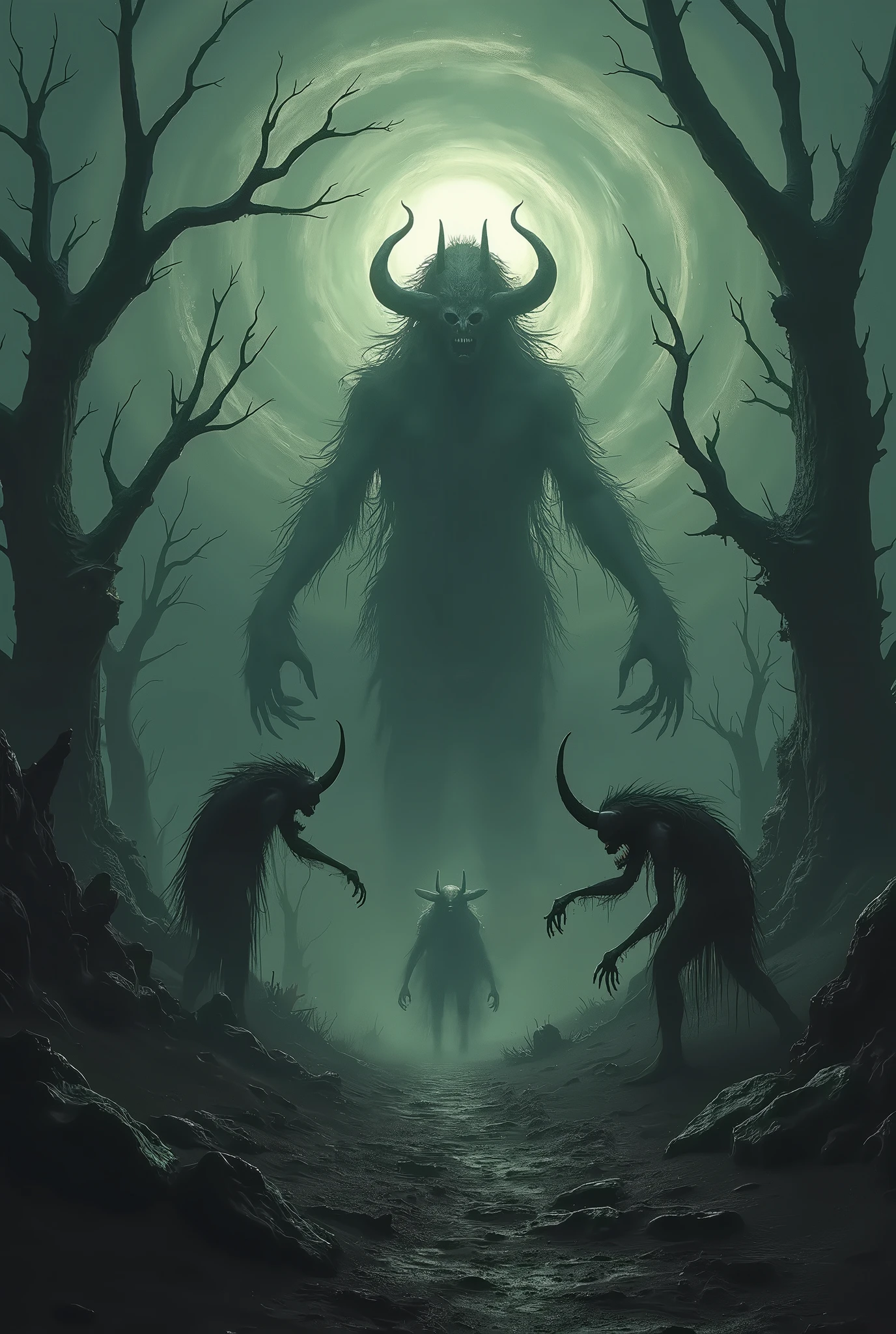 Spiritual World, low View, scary evil demonic horrific demon Satyr, horns, demons tails, siting in dark, fantasy world, highly detailed, film grain, horror (theme) <lora:DarkSpheraStyle:0.7>
