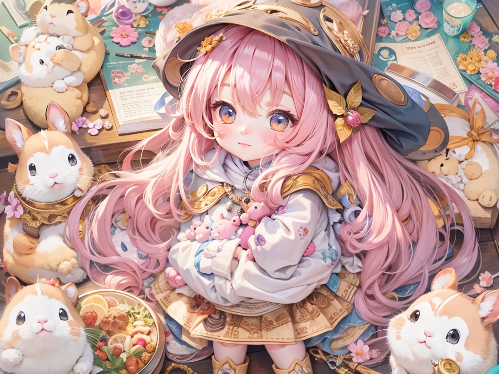 (masterpiece, Best Quality, Anatomically correct, hamsterになったひつじちゃん:girl:Fluffy pink long hair:Thick eyebrows:ピンクのWizard&#39;s Clothes), 魔法で戦うhamster, (hamsterウィザード:Wizard&#39;s Clothes:Magician&#39;s wand:Wizard&#39;s Hat:detailed), Use of magic, Magical Effects, Optics, colorful, Fluffy hamsters, Show all,Chibi, cute, 超fun, fun, The cutest hamster, hamster