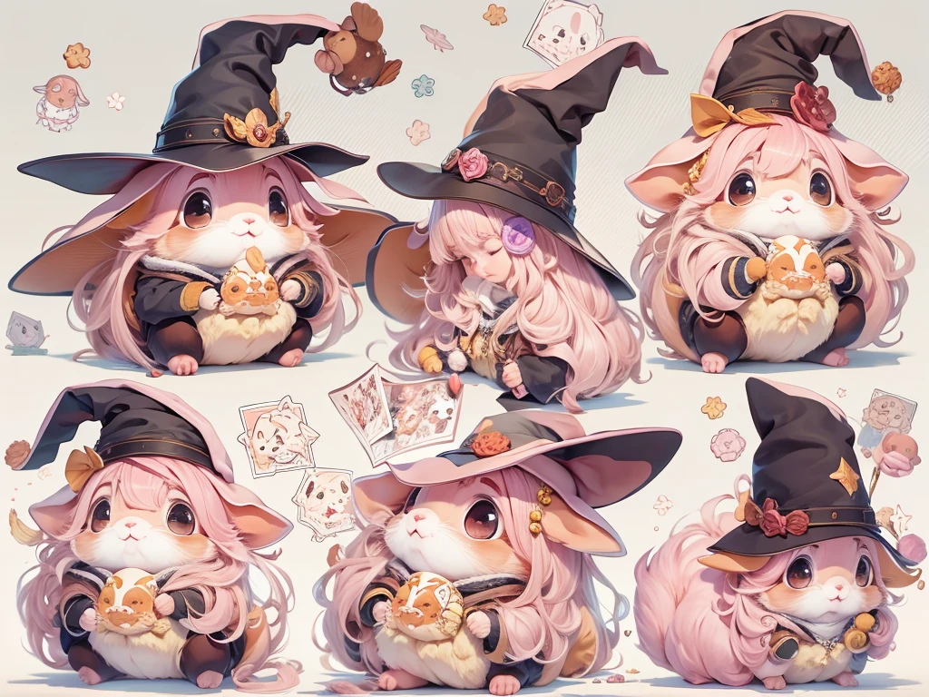 (masterpiece, Best Quality, Anatomically correct, hamsterになったひつじちゃん:girl:Fluffy pink long hair:Thick eyebrows:ピンクのWizard&#39;s Clothes), 魔法で戦うhamster, (hamsterウィザード:Wizard&#39;s Clothes:Magician&#39;s wand:Wizard&#39;s Hat:detailed), Use of magic, Magical Effects, Optics, colorful, Fluffy hamsters, Show all,Chibi, cute, 超fun, fun, The cutest hamster, hamster