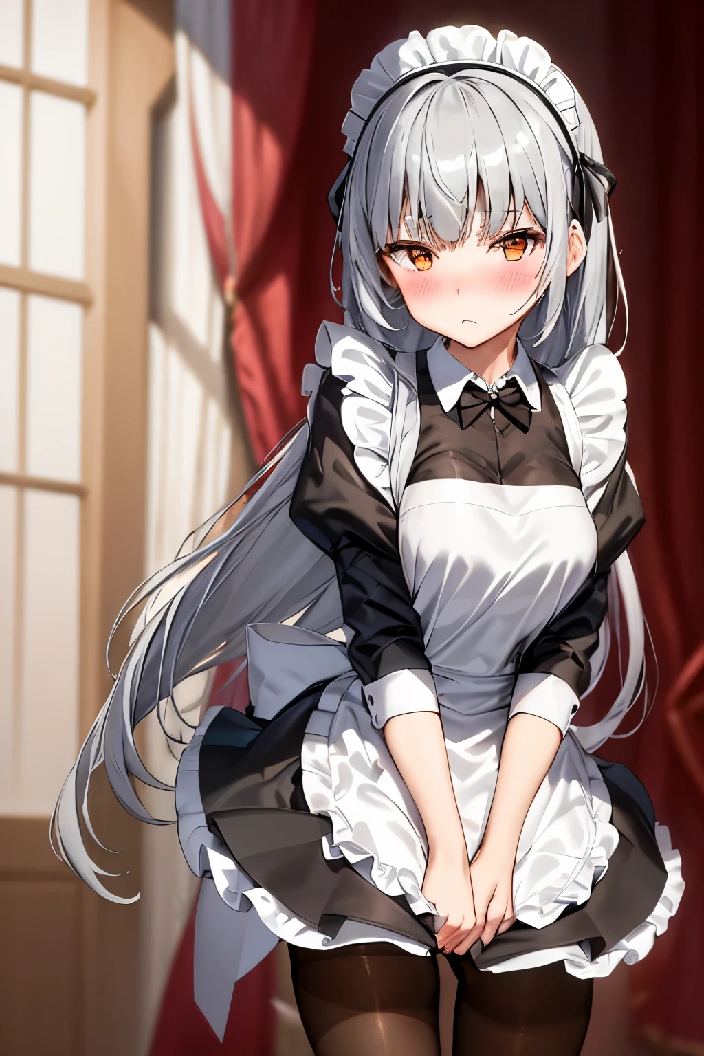 (Best Quality:1.2),  Alone、Luminous Valentine,Silver Hair、Long Hair、(blush:1.1), Embarrassing, View your viewers、((Maid uniform))、((pantyhose))、、(Black Panties)