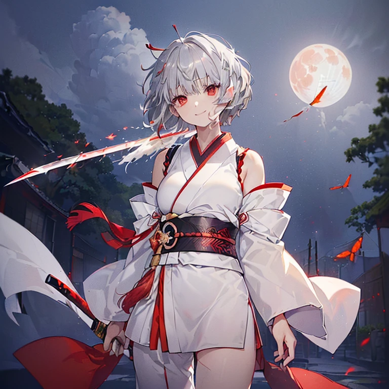 (((((1 person　Gray Hair、Short Hair、Make your hair glow from within　White and red clothes、shoulder)))))　((((High resolution　Japanese sword、Shining Blade))))　(((Black Belt　Warrior　army commander、close　smile　Red eyes)))　((Bright red butterfly　night　Japanese style、old　Shining Aura　garden、water surface　full moon　Catching the Wind))　(Shining Background　Shining Edges)