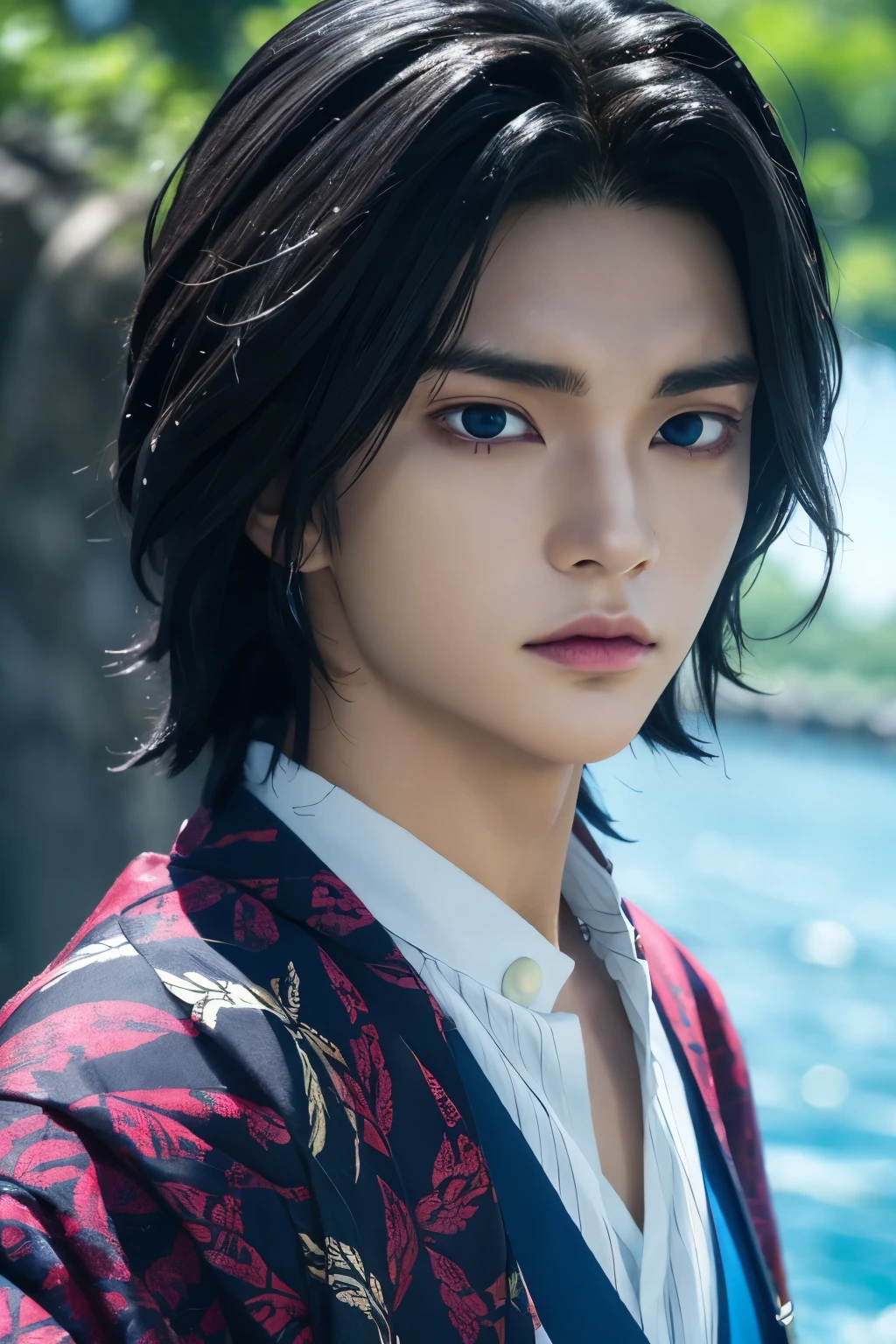 A realistic, photorealistic, highly detailed portrait of Giyu Tomioka, a character from the anime Demon Slayer, with strikingly beautiful eyes, water hashira