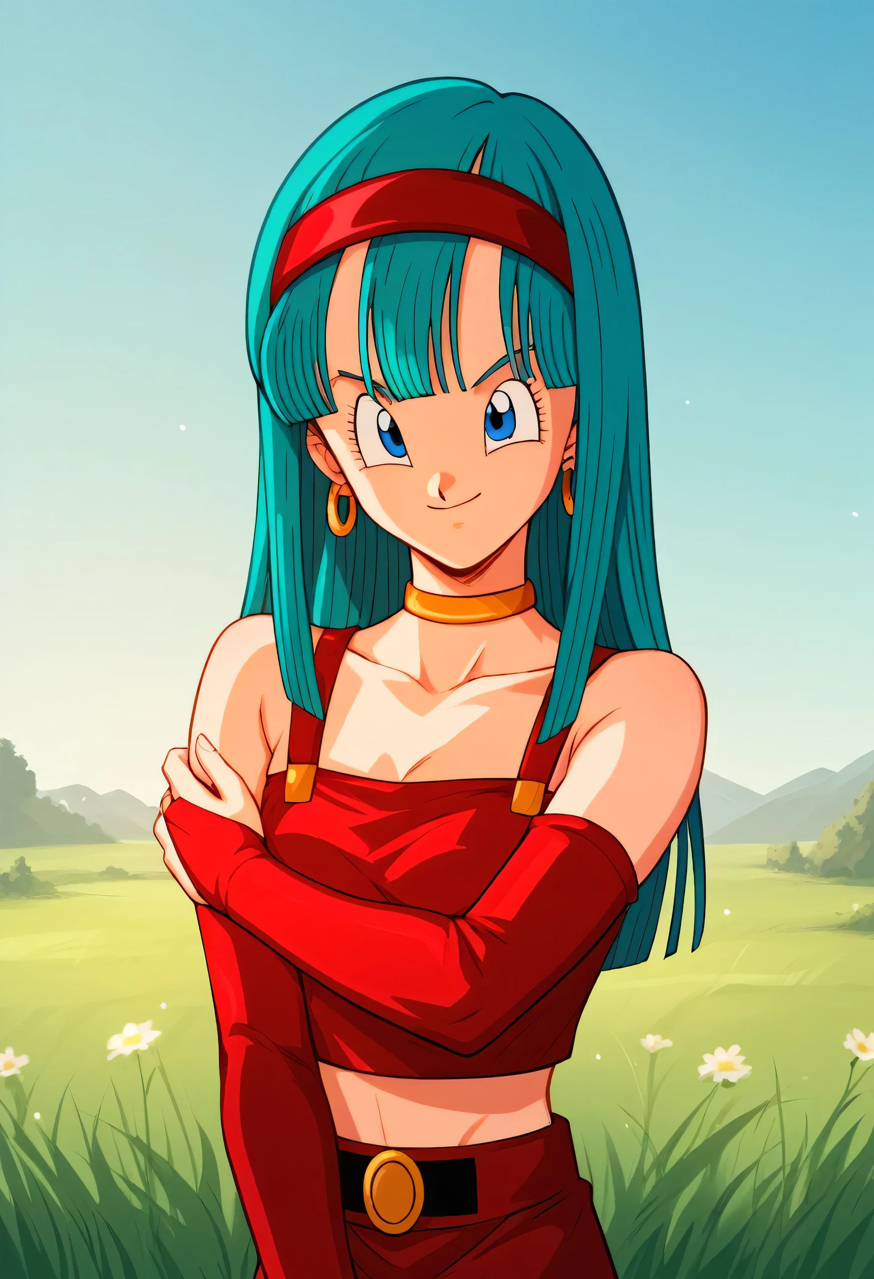 ultra detailed, masterpiece, best quality, solo, soft smile, light smile, Bulla, Dragon Ball,
long hair, aqua hairbangs, collarbonebridal gauntlets, eyelashes, hoop earrings, eyebrows,miniskirt,hairband, red hairband, earrings, blue eyes,elbow gloves, red gloves, fingerless gloves, crop top, red topwear, midriff, yellow belt, skirt, red skirt, big breast, big ass,confused face expresion, sin imperfecciones, dibujo perfecto, big breast