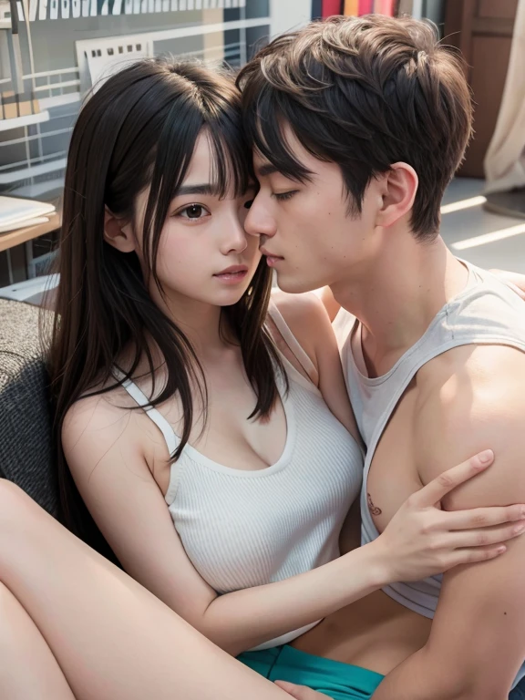 Young Asian girl is by male model、A man is holding his chest, 1girl in, hetero, 1boy, Nipples, SEX, Realistic, nude, breasts, Pubic hair, Grabbing, vaginal, grabbing on breasts, Closed eyes,Izumi Taotong, Grey Hair, multicolored hair, Blue eyes, Small breasts, pink bows, 鎖骨, frilld,Prompt Girl