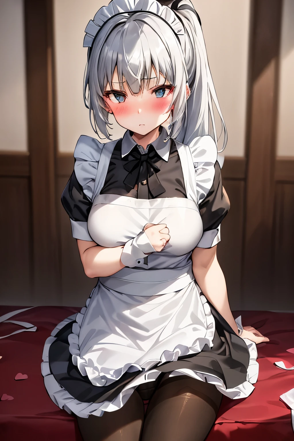 (Best Quality:1.2),  Alone、Luminous Valentine,Silver Hair、Odd Eye、ponytail、(blush:1.1), Embarrassing, View your viewers、((Maid uniform))、((pantyhose))、、(Black Panties)