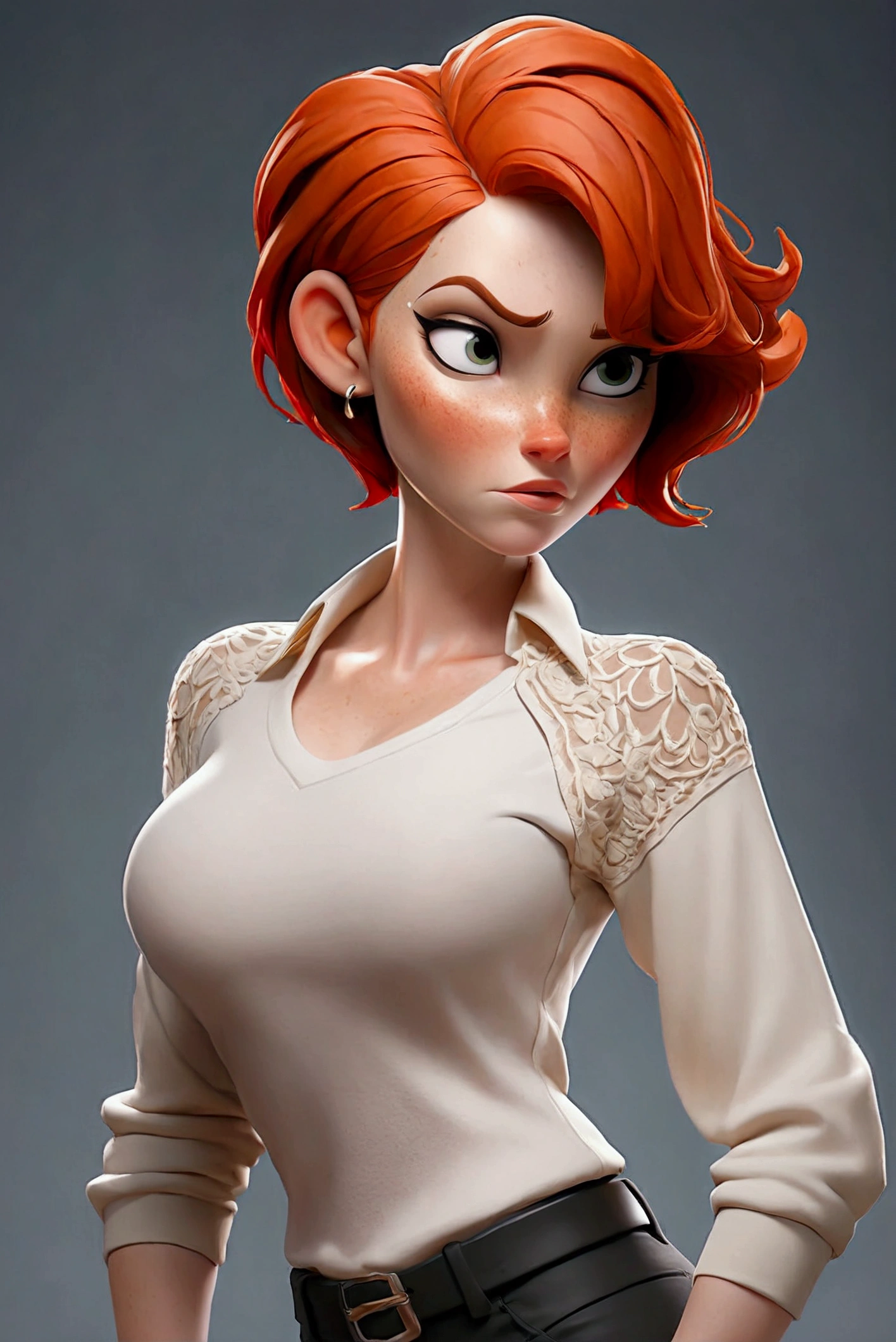(cartoon style:1.2), Drawings of ([Emma Stone, Jessica Simpson, Hailee Steinfeld]), portrait, wearing black t-shirt, short skirts, red hair, perfect eyes, detailed face, white background, fun posing, flirty look, Centered, scale to fit the dimensions