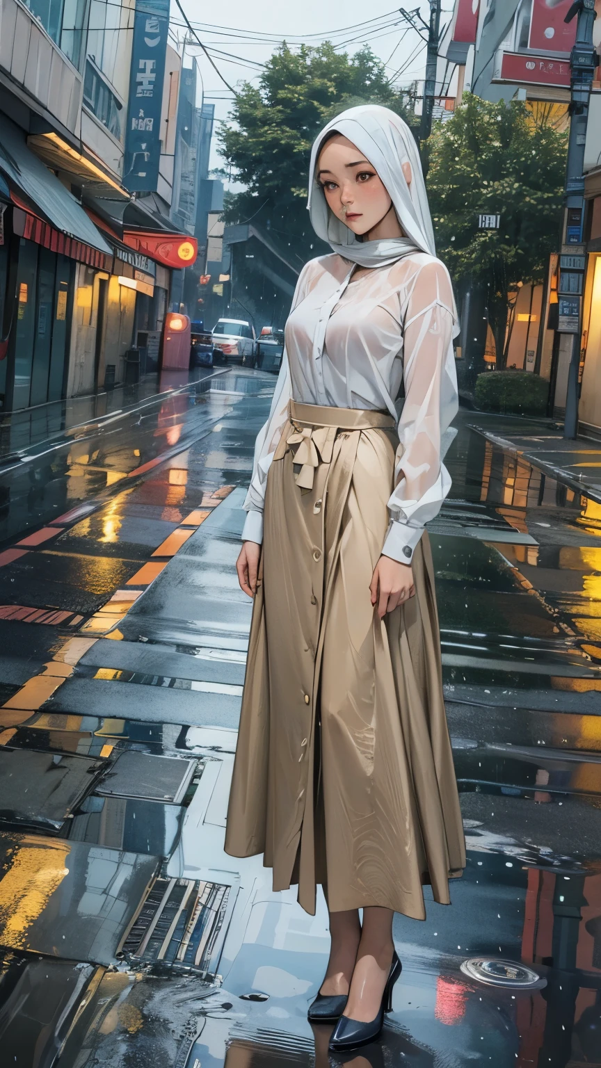 Best Quality, Masterpiece, Ultra High Resolution, ultra detailed object, detailed background, (Realisticity: 1.4), Full Body, Original Photo, Rainy Season, (Rain:1.2), Drama film light, Drama film contrast, 1Girl, Teen, long sleeves, button shirt, long skirt, Film Lighting, beauty, hijab, small boob, on the streets, after school, detailed body textured, oily, wet shirt, wet skirt, hand cover head from rain, rainy days, ((sad)), blushing,