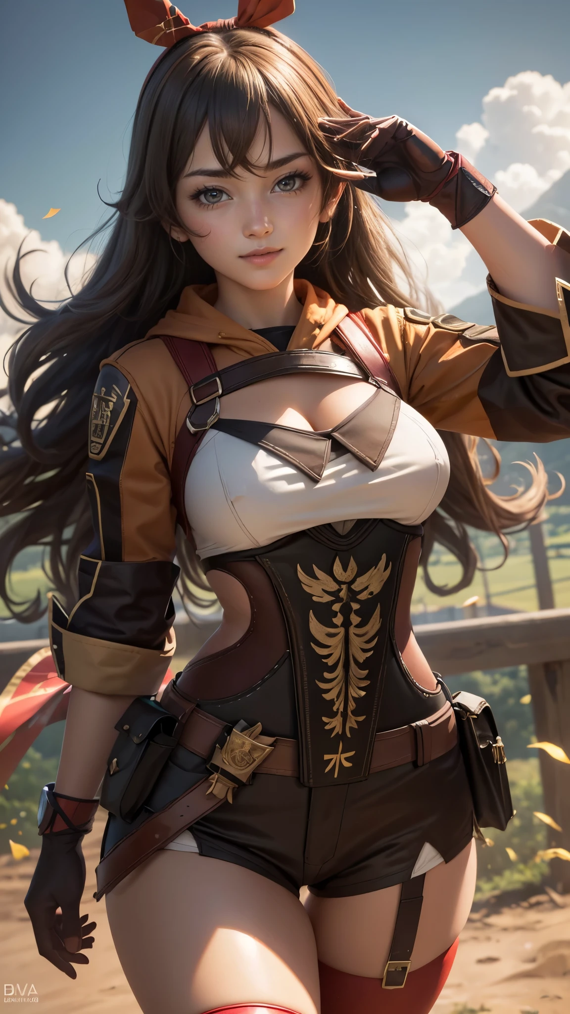 Amber da genshin impact,(best qualityer,4K,8k,high resolution,work of art:1.2)(weather: cloudy), farmlands background, windmills, wide hips, thick thighs, long curly hair, brown hair, long sleeve raincoat, micro shorts, thigh high boots, light makeup, necktie, hair ribbon, elbow gloves, harness, salute pose, ultra detailed,portrait,realistic,beautiful detailed yellow eyes, beautiful detailed lips,extremely detailed eye and face, long eyelashes,average, medium breasts,flying hair,beaming smile, sexy smile,powerful girl in combat, bright coloured, dramatic lighting,