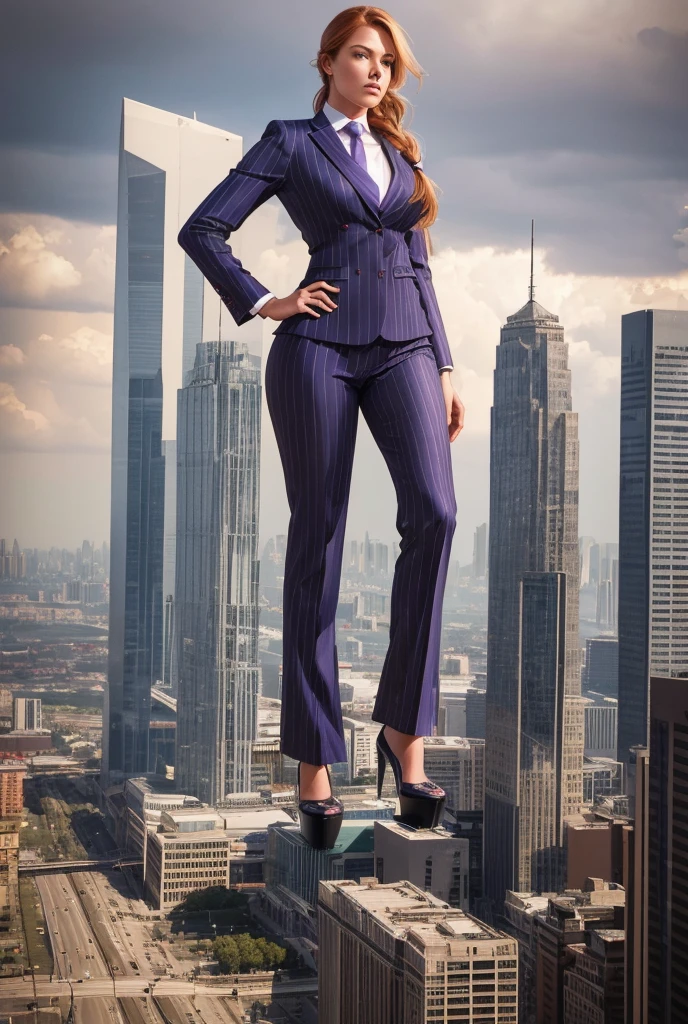 A highly detailed giantess shot, giantess, ((multiple women who are miles taller than a skyscraper)), giantess art, tera giantess in distance walking on countries, young women with beautiful curves, massive thighs, ginger hair in Fishtail braid, lipstick, wearing a perfect form-fitting light grey pinstripe trouser suit and blazer, crisp white shirt with large spread collar, large blade width Windsor knot purple tie, with massive breasts, wearing platform high heels, a towering woman looking at viewers, her toned and lean slender body, casually strolling through the bustling cityscape of City, as towering buildings loom overhead, smoke and clouds roil around her, adding to the sense of epic scale and drama, the lighting is dark, gloomy, and realistic, creating a tense and ominous atmosphere, the perspective is from below, emphasizing the sheer majesty and power of the towering giantess, highly detailed, photorealistic, best quality, masterpiece, cinematic lighting, ultra-detailed, long ponytail hair with front bangs, high altitude photography, satellite view, curvy figure, heaving bosom, legs, stepping on multiple mega cities, destruction, buildings, roads, cloudy, overcast, hazy atmosphere, wispy clouds, pov