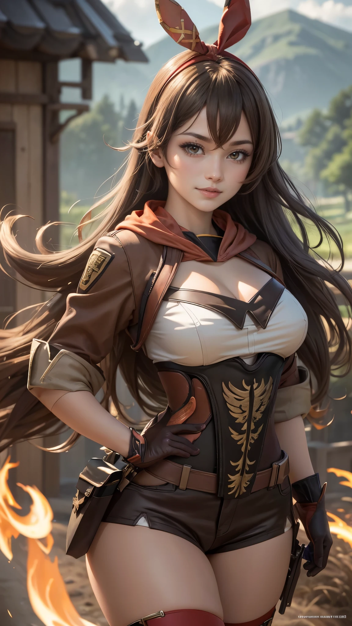 Amber da genshin impact,(best qualityer,4K,8k,high resolution,work of art:1.2)(weather: cloudy), farmlands background, windmills, wide hips, thick thighs, long curly hair, brown hair, long sleeve raincoat, micro shorts, thigh high boots, light makeup, necktie, hair ribbon, elbow gloves, harness, salute pose, ultra detailed,portrait,realistic,beautiful detailed yellow eyes, beautiful detailed lips,extremely detailed eye and face, long eyelashes,average, medium breasts,flying hair,beaming smile, sexy smile,powerful girl in combat, bright coloured, dramatic lighting,