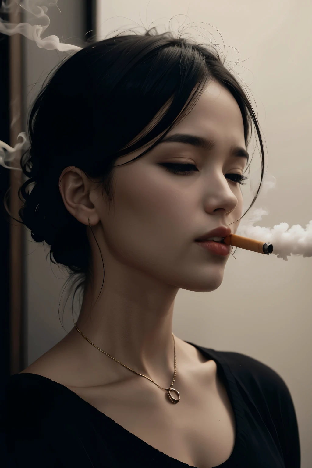 A woman, side view, looking up, smoking, smoke trails, ((best quality)), black and white,((detailed)), detailed eyes, hope, realistic, foggy atmosphere, attractive, book cover