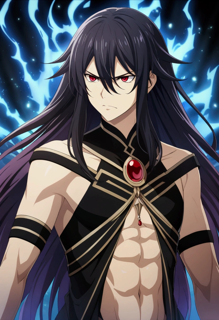 Young guy, Long black hair, purple strands, violet eyes, smirk, tattoo, pharaoh, Egyptian Prince, Anubis, open torso, musculature, Masterpiece, hiquality, 4k, HD, Good detail
