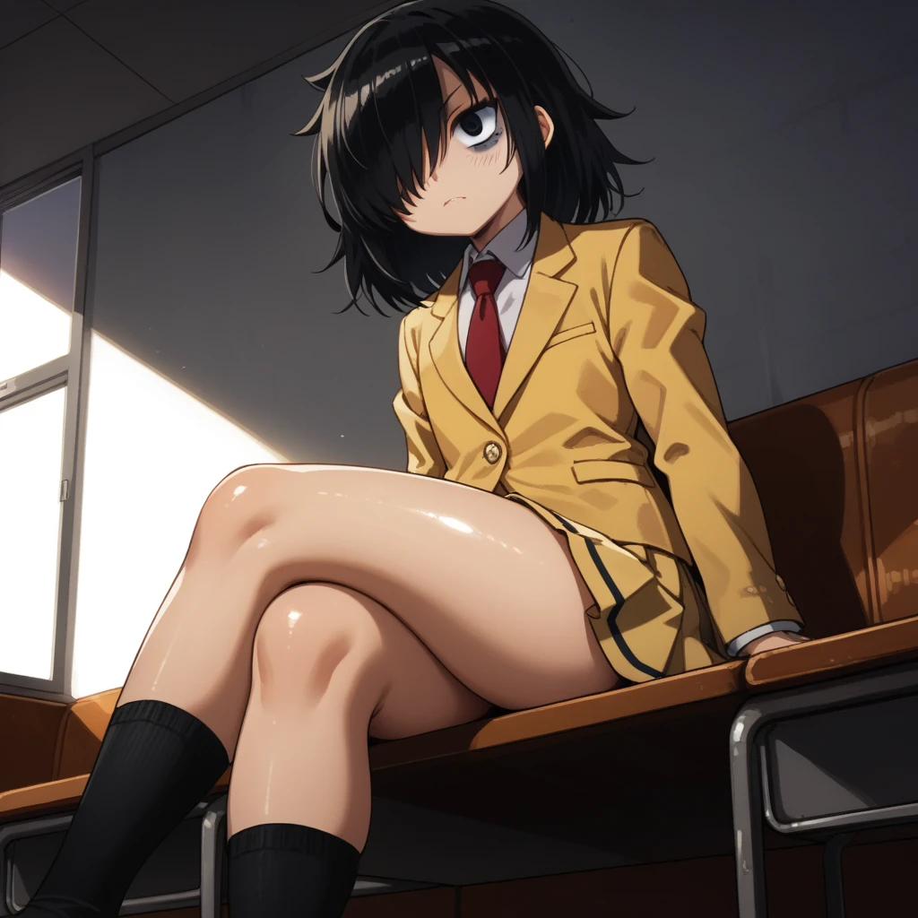 score_9, score_8_up, score_7_up,, solo, source_anime, tomokoxl, bags under eyes, hair over one eye black hair, medium hair, school uniform, red necktie, yellow skirt, short skirt, pleated skirt, yellow jacket, black socks, standing, cowboy shot, sitting, crossed legs, thick thighs, shiny skin, no shoes, focus in crossed legs