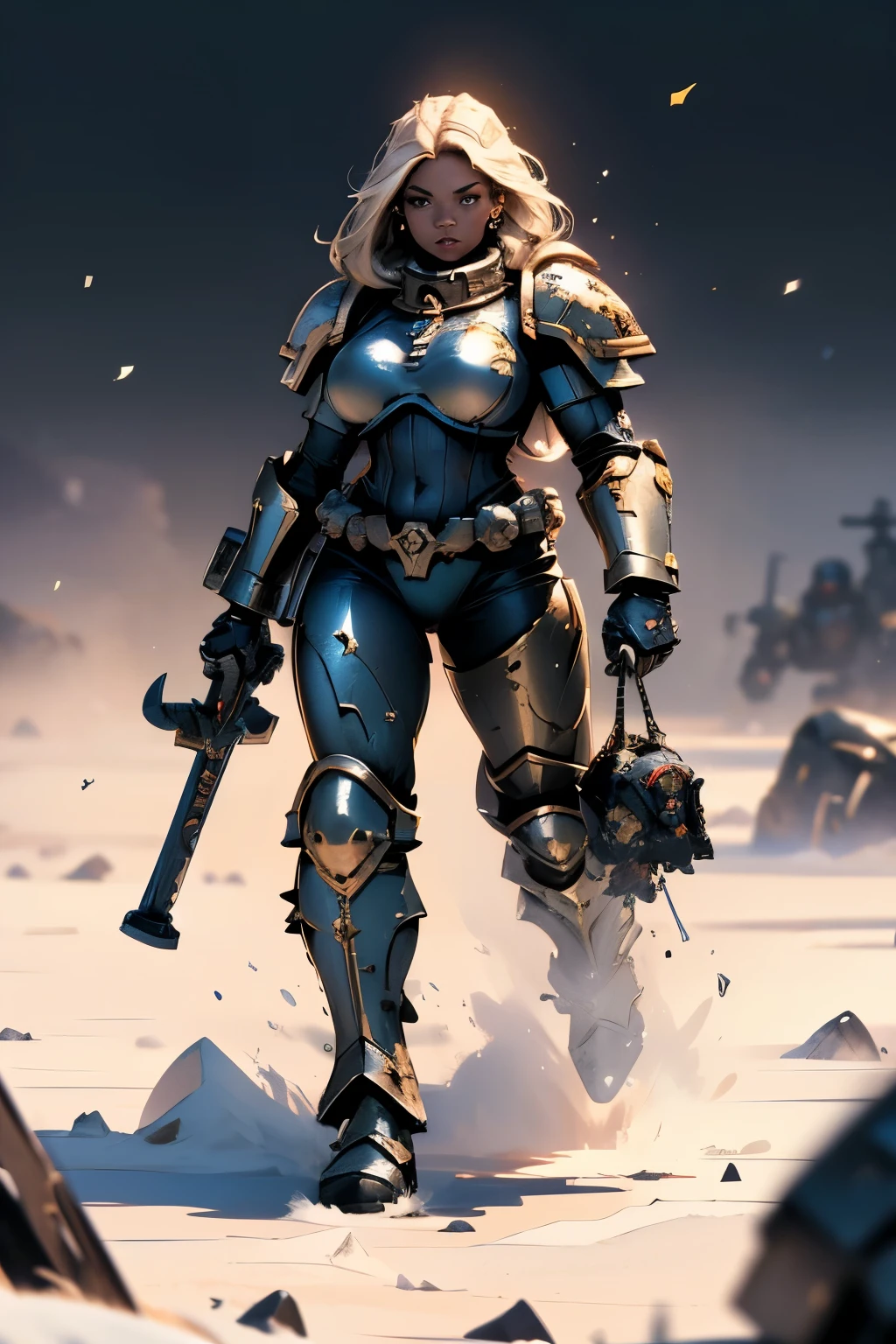 Space Marine woman from Warhammer 40k, (1 space marine girl, Warhammer 40k, space marine armor,), space marine woman walking on a battlefield with grandeur, detailed art, high quality, 8k, hdr, ultra realistic, best quality, cold colors, (black girl, black female, curvy body), ((no clothes))