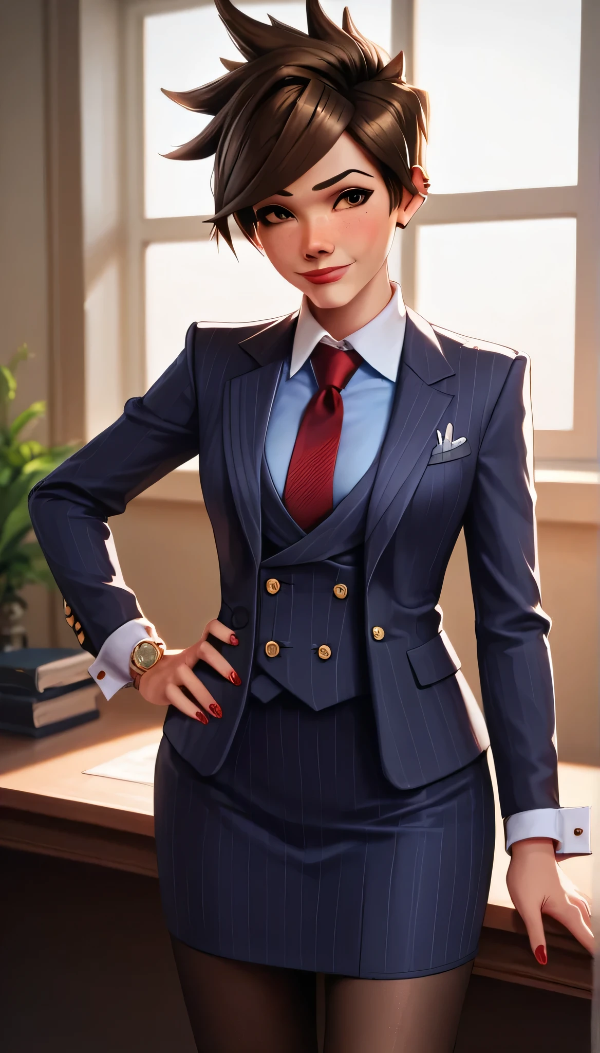 score_9, score_8_up, score_7_up, score_6_up, source_anime,  three-piece suit, tracer, 1girl, solo, brown hair, short hair, freckles, smile, pretty, formal, jewelry, navy pinstripe suit, red silk necktie, earrings, jacket, shirt, standing, hand on hip, window, black eyes, watch, navy pinstripe jacket, wristwatch, light blue shirt with white collar, red lips, navy pinstripe skirt, makeup, black pantyhose, cufflinks, black lapel trim, brown eyes, red nails,High Resolution, Blush, white cuffs, hand on desk