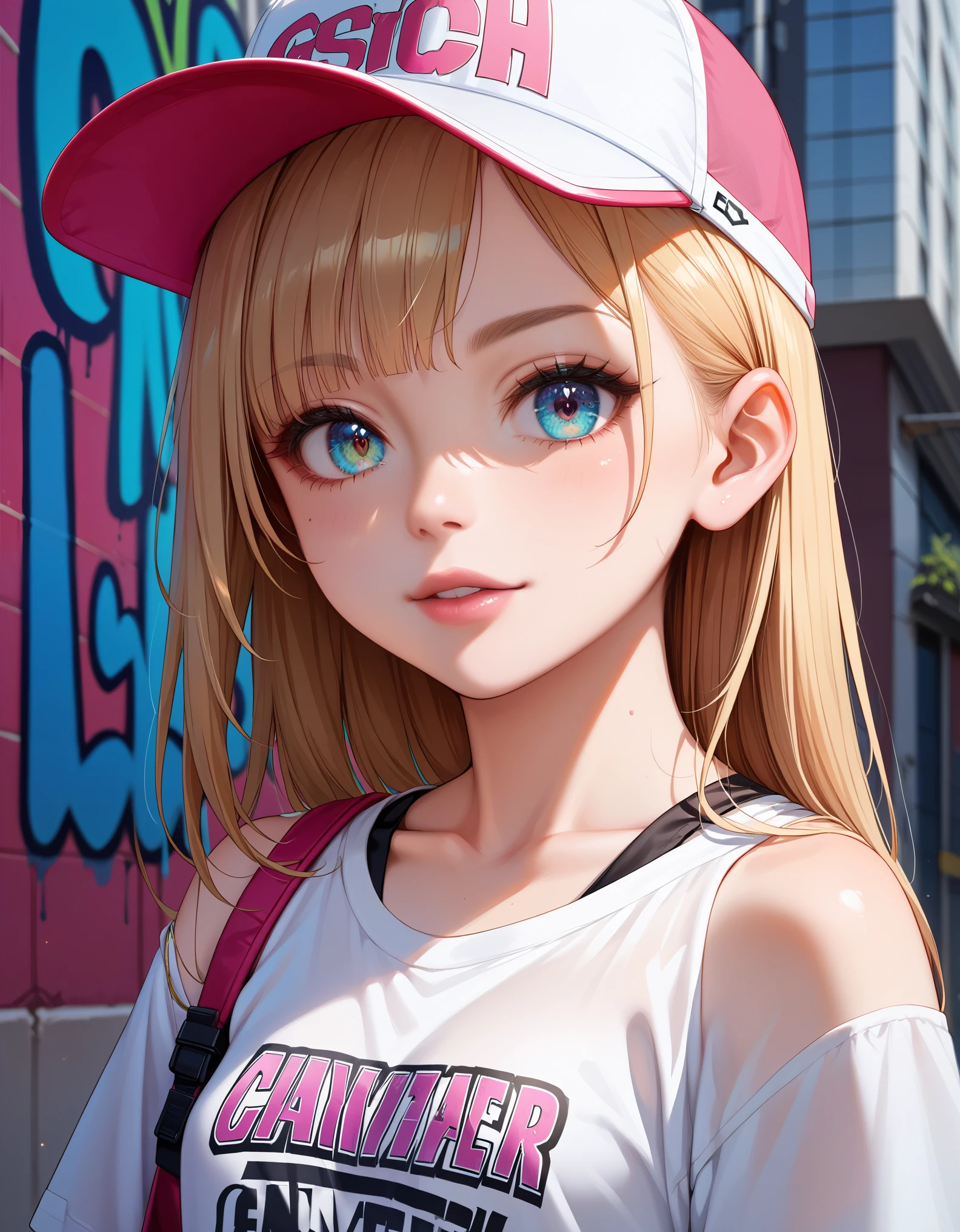 score_9,score_8_up,score_7_up, source_anime,masterpiece,best quality,ultra detailed eyes,high-detailed,(close-up), 1girl,cute_face,thin,petite,Girlish body type,poor_stature,small_breasts, youthful designs,fashionable,streetwear style,urban clothing,casual accessories,edgy designs,intricate clothes,fashion cat ear cap,oversized clothes,graphic prints, street graffiti,