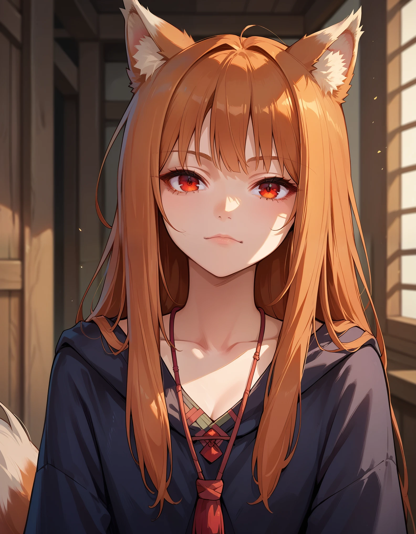 score_9, score_8_up, score_7_up, score_6_up, holo, 1girl, wolf ears, long hair, solo, red eyes, ginger hair, wolf tail,