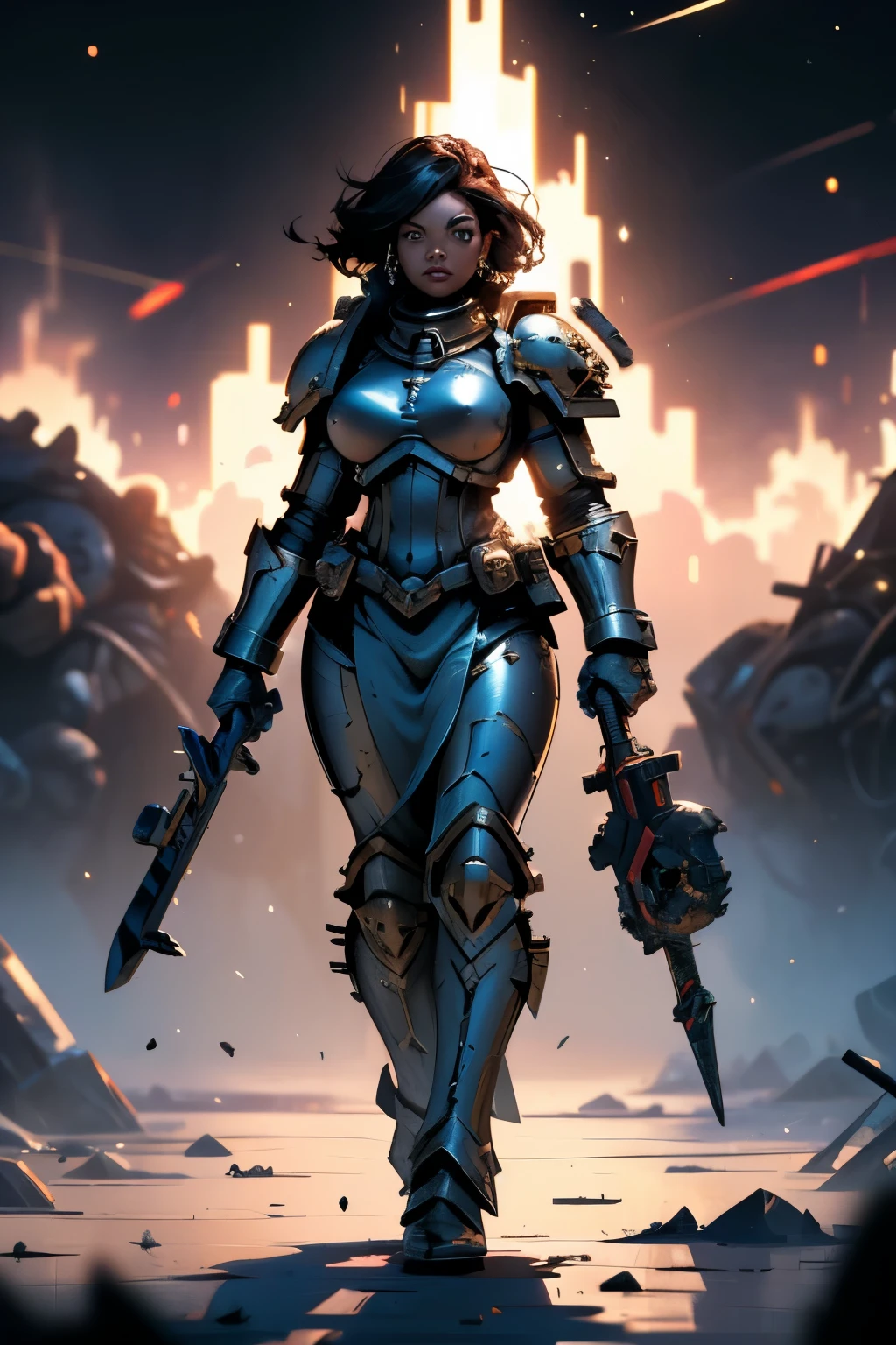 Space Marine woman from Warhammer 40k, (1 space marine girl, Warhammer 40k, space marine armor,), space marine woman walking on a battlefield with grandeur, detailed art, high quality, 8k, hdr, ultra realistic, best quality, cold colors, (black girl, black female, curvy body), ((no clothes))