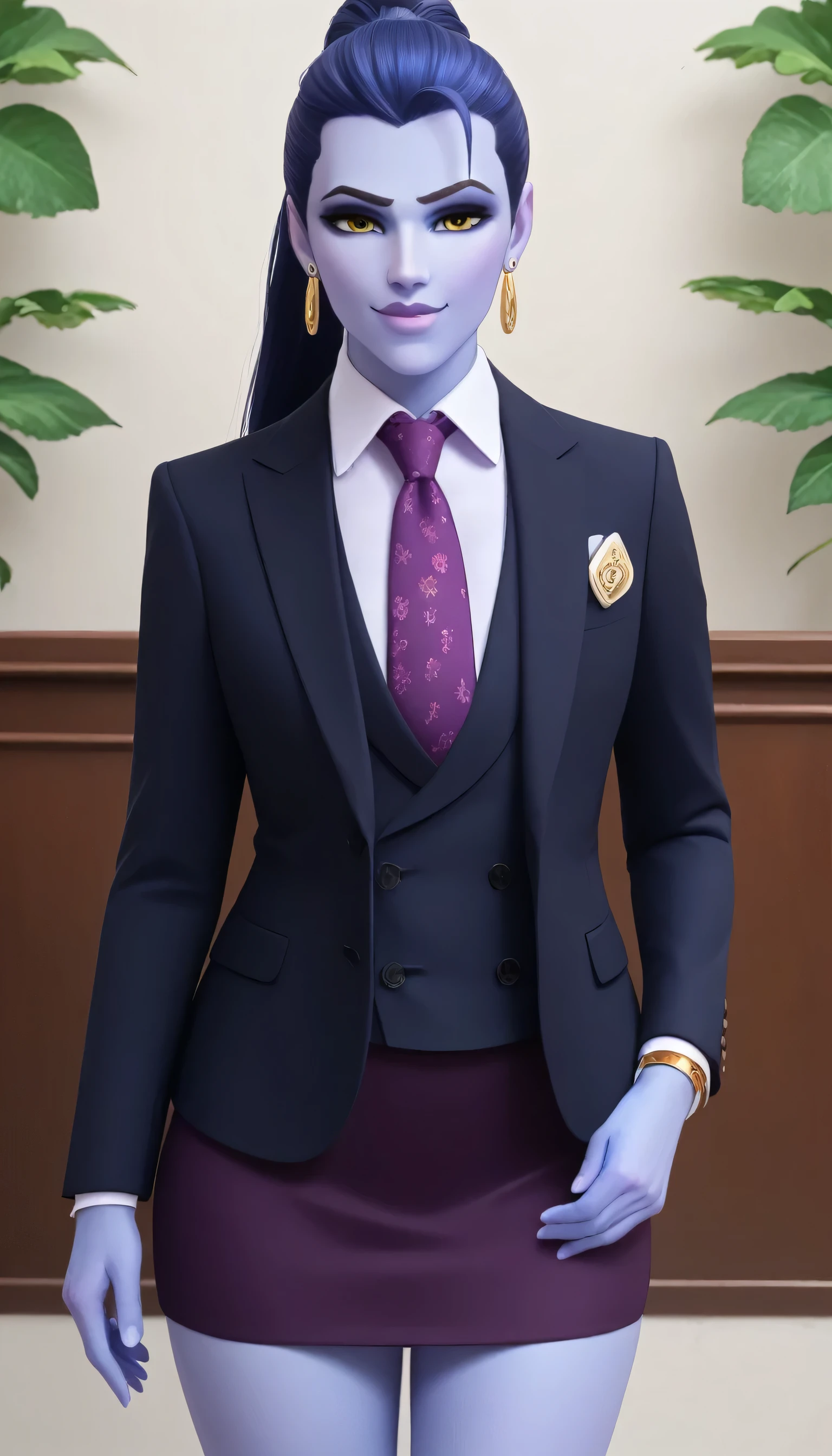 score_9, score_8_up, score_7_up, BREAK
 wdwmakr, colored skin, long hair, ponytail, yellow eyes,,lips,1girl,solo,
 three-piece suit, formal, jewelry, dark grey suit, purple necktie, earrings, jacket, shirt, jacket, shirt, lips, skirt, pocket square, cufflinks, shiny clothing, bare legs
Face shot,Looking at viewer, smug, adjusting necktie, tightening necktie, above the knee skirt