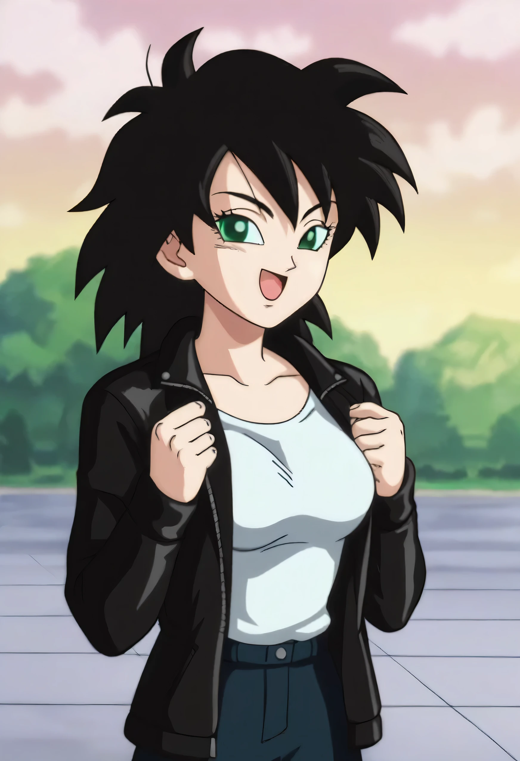 source_anime, score_9, score_8_up, score_7_up, anime screencap, absurd res, official style, gine, 1girl, solo, breasts, looking at viewer, black hair, long sleeves, arms by side, upper body, outdoors, blurry, green eyes, happy, blurry background, spiked hair, street, leather jacket, white shirt, smile, red fingernails, eyelashes, collarbone 