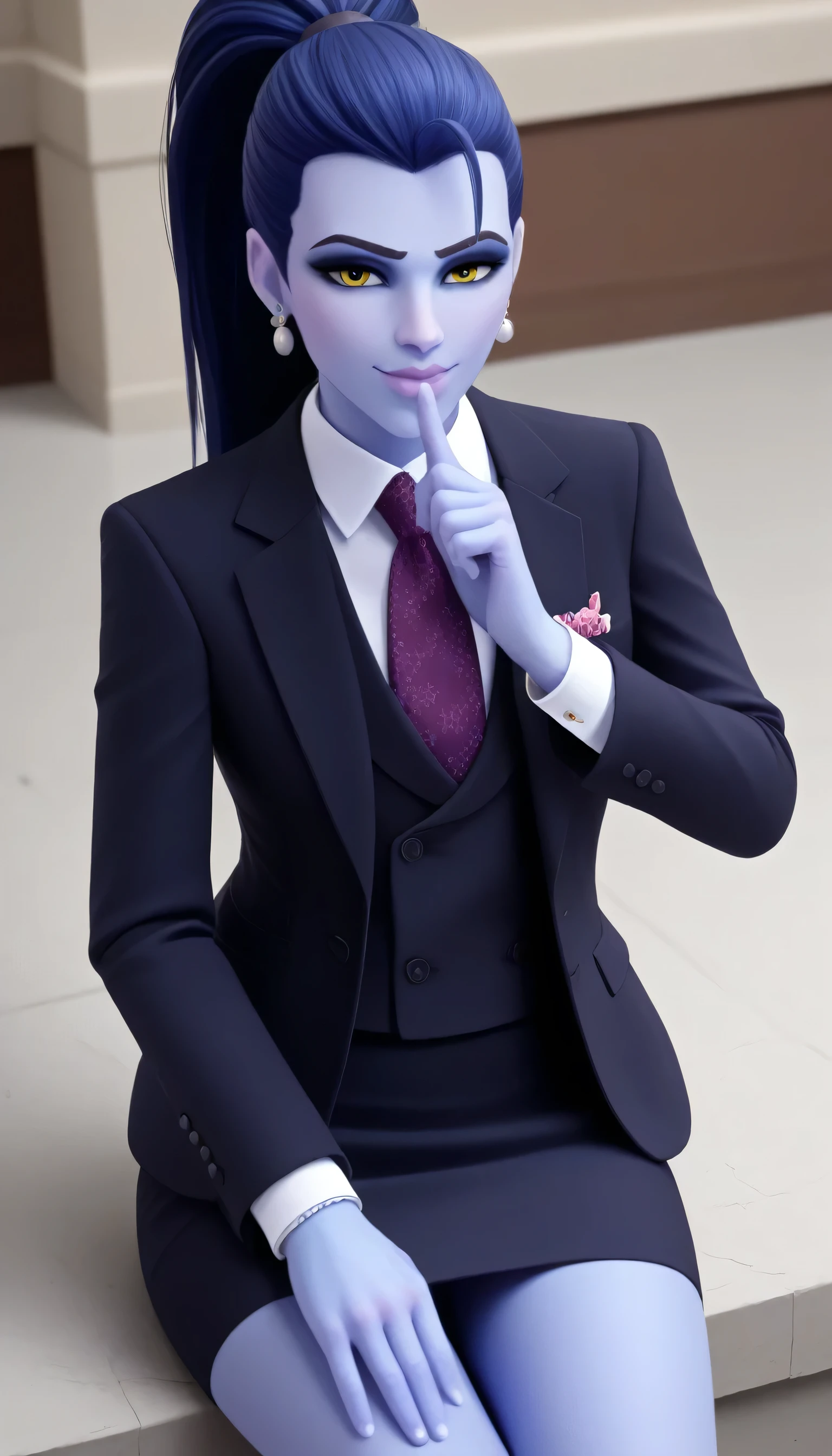 score_9, score_8_up, score_7_up, BREAK
 wdwmakr, colored skin, long hair, ponytail, yellow eyes,,lips,1girl,solo,
 three-piece suit, formal, jewelry, dark grey suit, purple necktie, earrings, jacket, shirt, jacket, shirt, lips, skirt, pocket square, cufflinks, shiny clothing, bare legs
Face shot,Looking at viewer, smug, adjusting necktie, tightening necktie, above the knee skirt