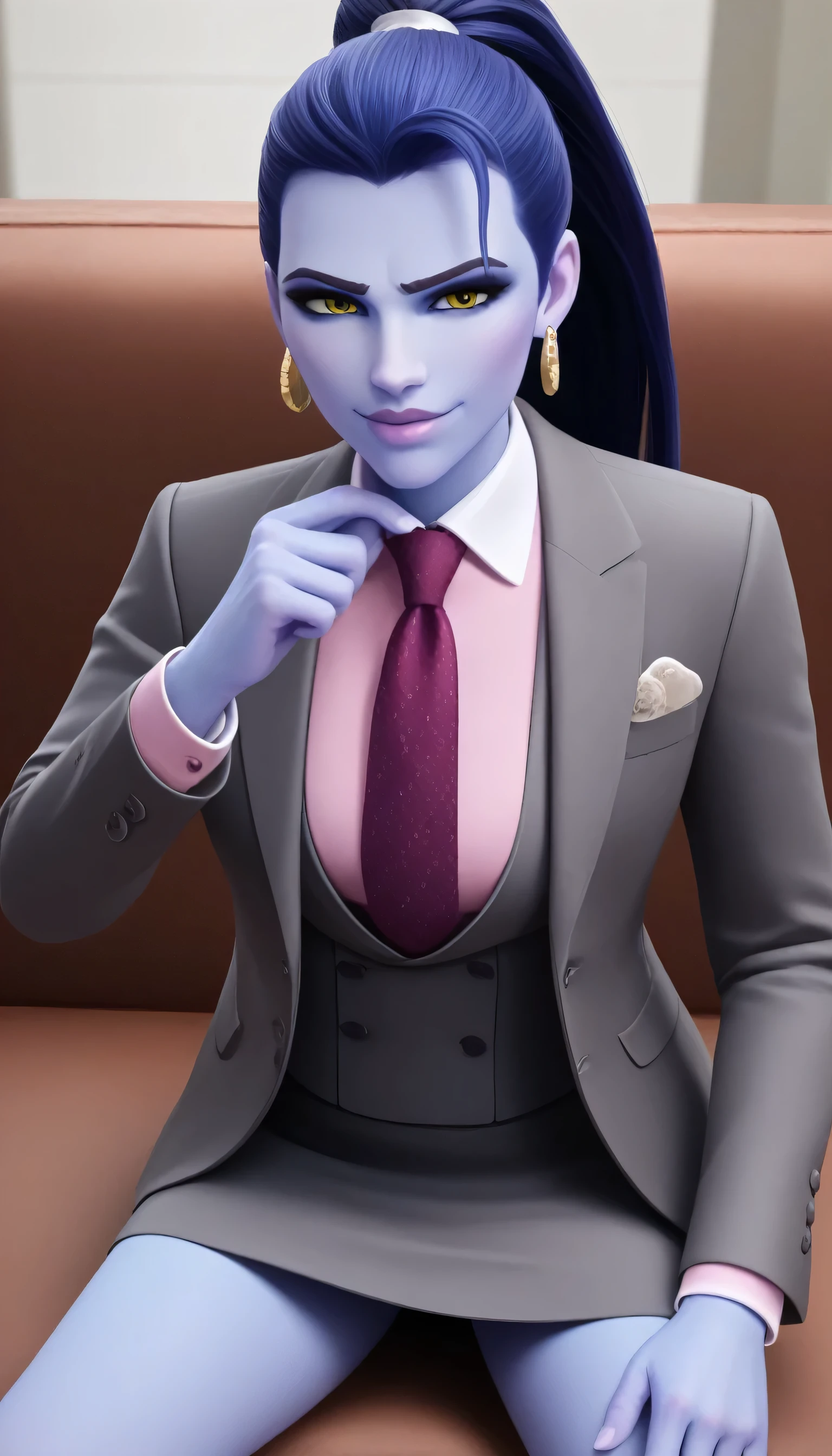 score_9, score_8_up, score_7_up, BREAK
 wdwmakr, colored skin, long hair, ponytail, yellow eyes,,lips,1girl,solo,
 three-piece suit, formal, jewelry, dark grey suit, purple necktie, earrings, jacket, pink shirt with white collar, jacket, shirt, lips, skirt, pocket square, cufflinks, shiny clothing, bare legs
Face shot,Looking at viewer, smug, adjusting necktie, tightening necktie, above the knee skirt