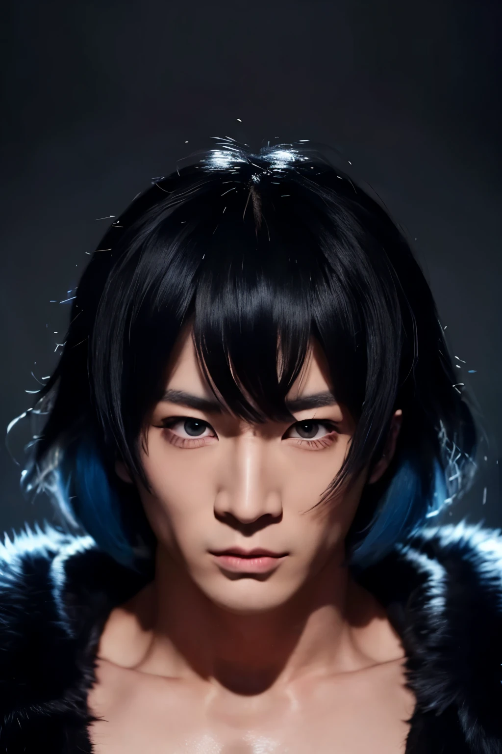 a realistic inosuke hashibira, messy hair, bob haircut with bangs, black and blue ombre hair, shirtless, fur coat, detailed facial features, intense expression, muscular body, dynamic pose, dramatic lighting, cinematic composition, vivid colors, hyper-realistic, photorealistic, 8k, masterpiece, boy