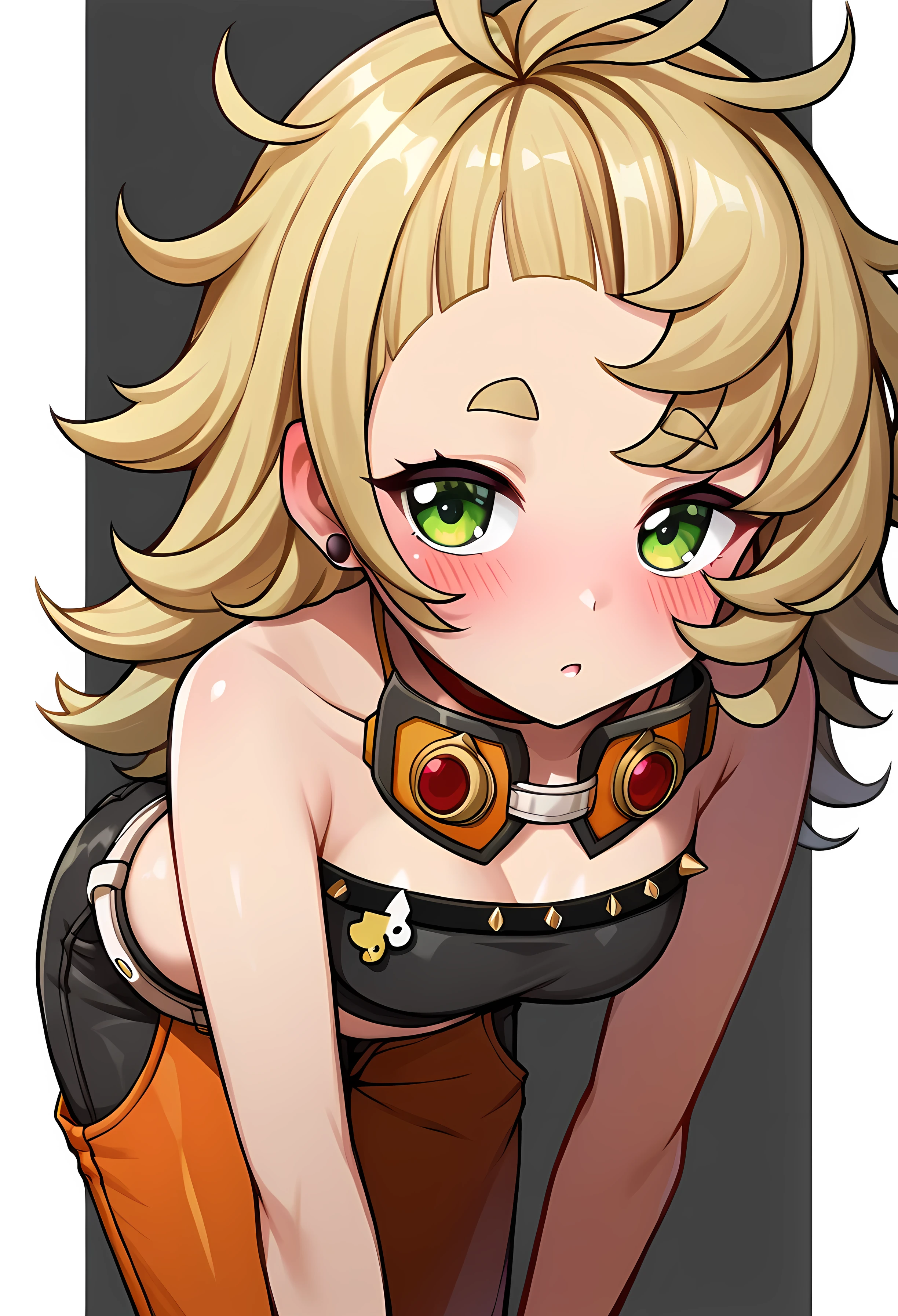 piper, green eyes, blonde hair, long hair, hair ornament, earrings, jewelry, choker
BREAK goggles around neck, bare shoulders, black crop top, midriff, navel, detached sleeves, orange gloves, belt, black shorts, short shorts, orange pants, detached pants, shoes, white footwear
BREAK (masterpiece, best quality), super high resolution, (Top Quality photorealistic Illustration), (Super Definition), (cute illustration:1.3), (high Saturation:1.3), detailed beautiful face and eyes, very detailed background, dynamic lighting, (an extremely delicate and beautiful), (nice hands, perfect hands:1.4), (appropriate posture), (appropriate configuration), ideal ratio body proportions,
Highly detailed illustration, super-cute and beautiful, best quality,slender,petite,babyface,cute,kawaii,((big eye)),Medium breast, floating hair,
BREAK
close-up,eye focus,looking at viewer,(solo focus),(from above:1.0), (from front),(looking left:1.3),
BREAK
(blush:1.4), creased brows, (disheveled hair:1.3), (leaning forward:1.4), beautiful hair,

