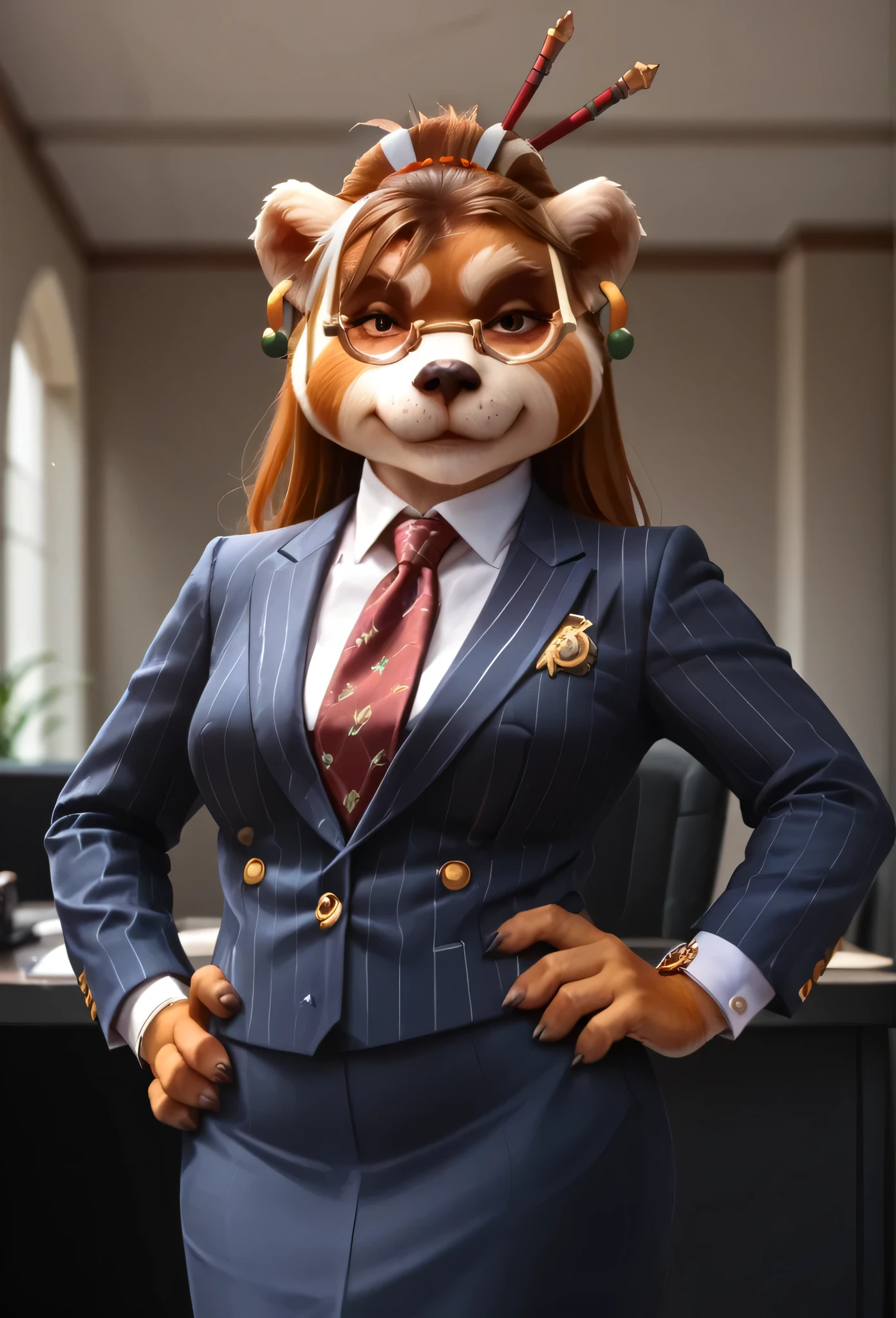score_9, score_8_up, score_7_up, score_6_up, score_5_up, score_4_up, 1girl, breasts, furry, animal ears, brown hair, brown eyes, earrings, jewelry, hair ornament, glasses, hair stick, three-piece suit, skirt, 1girl, formal, jewelry, suit, red striped necktie, navy pinstripe jacket, light blue shirt with white collar, shirt, smirk, smug, cufflinks, looking at viewer, close up, office background, superior, boss lady, hand on hip, portrait, looking down nose, sassy, fixing tie, detailed, textured fur
