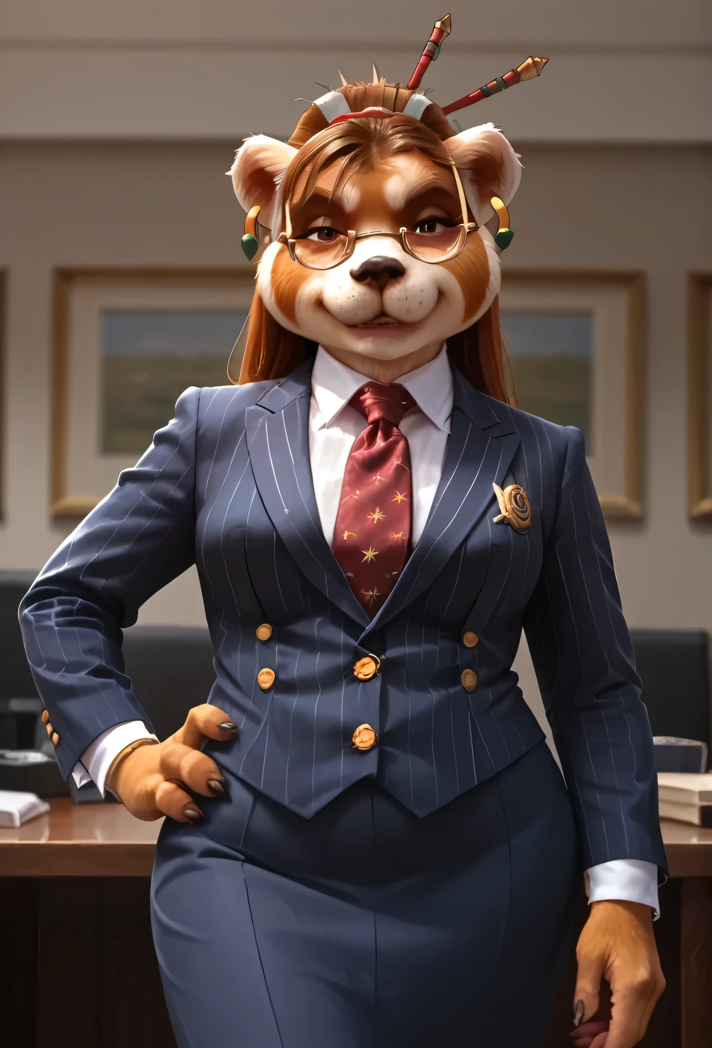 score_9, score_8_up, score_7_up, score_6_up, score_5_up, score_4_up, 1girl, breasts, furry, animal ears, brown hair, brown eyes, earrings, jewelry, hair ornament, glasses, hair stick, three-piece suit, skirt, 1girl, formal, jewelry, suit, red striped necktie, navy pinstripe jacket, light blue shirt with white collar, shirt, smirk, smug, cufflinks, looking at viewer, close up, office background, superior, boss lady, hand on hip, portrait, looking down nose, sassy, fixing tie, detailed, textured fur
