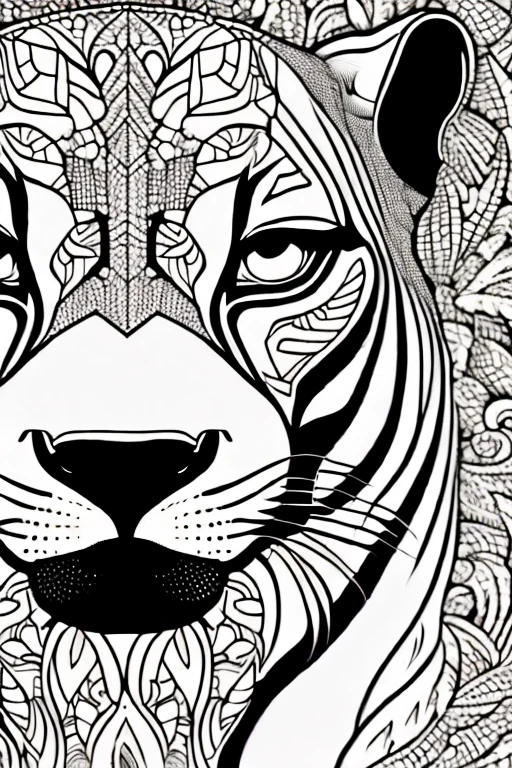 panther, for adult coloring book, medium intricate edged poligonal forms inside without shadows, only white spaces, a4 format, white background