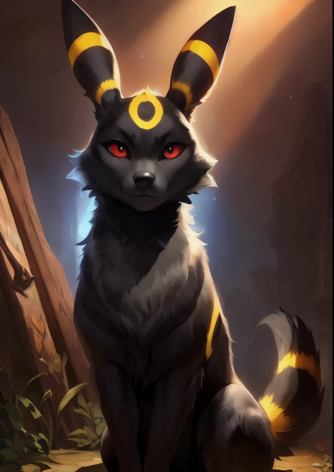 1girl,anthro, umbreon, black body fur, gold markings, pokemon, red eyes, fluffy fur, at night, moonlight, forest, detailed background, best quality,