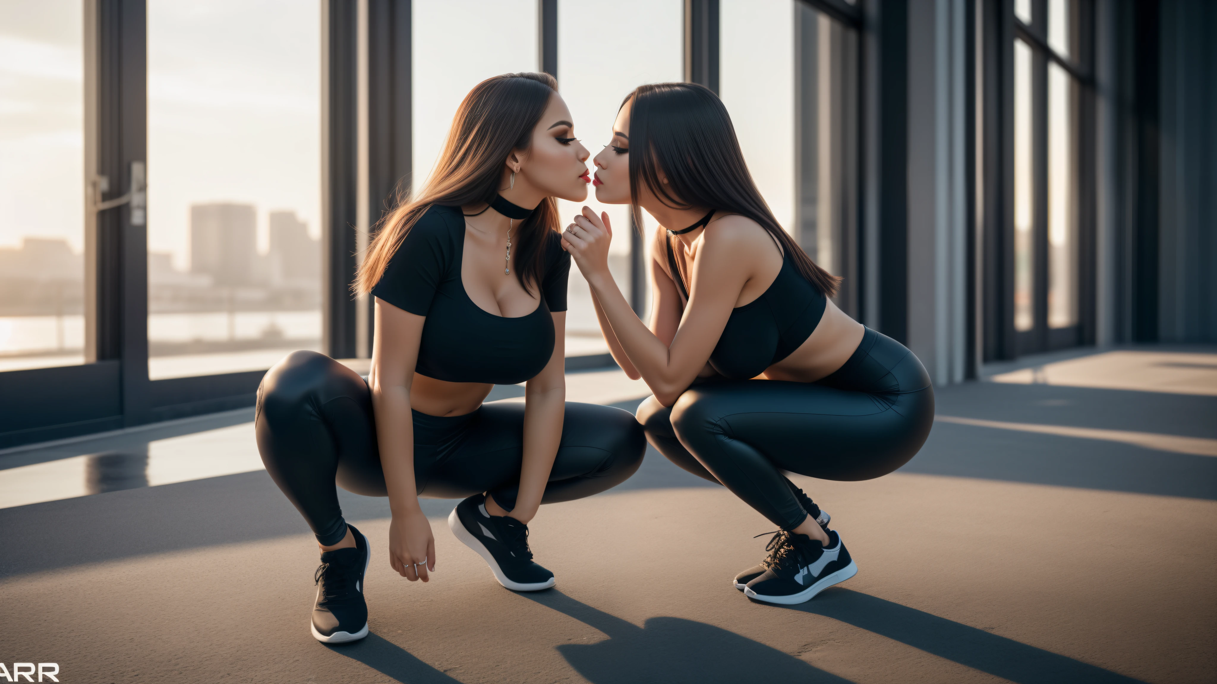 A short haired girl on her knees kissing her friend on the butt who is standing in nike spandex gymwear . Back shot. Full body. Sweaty. Tattooed 