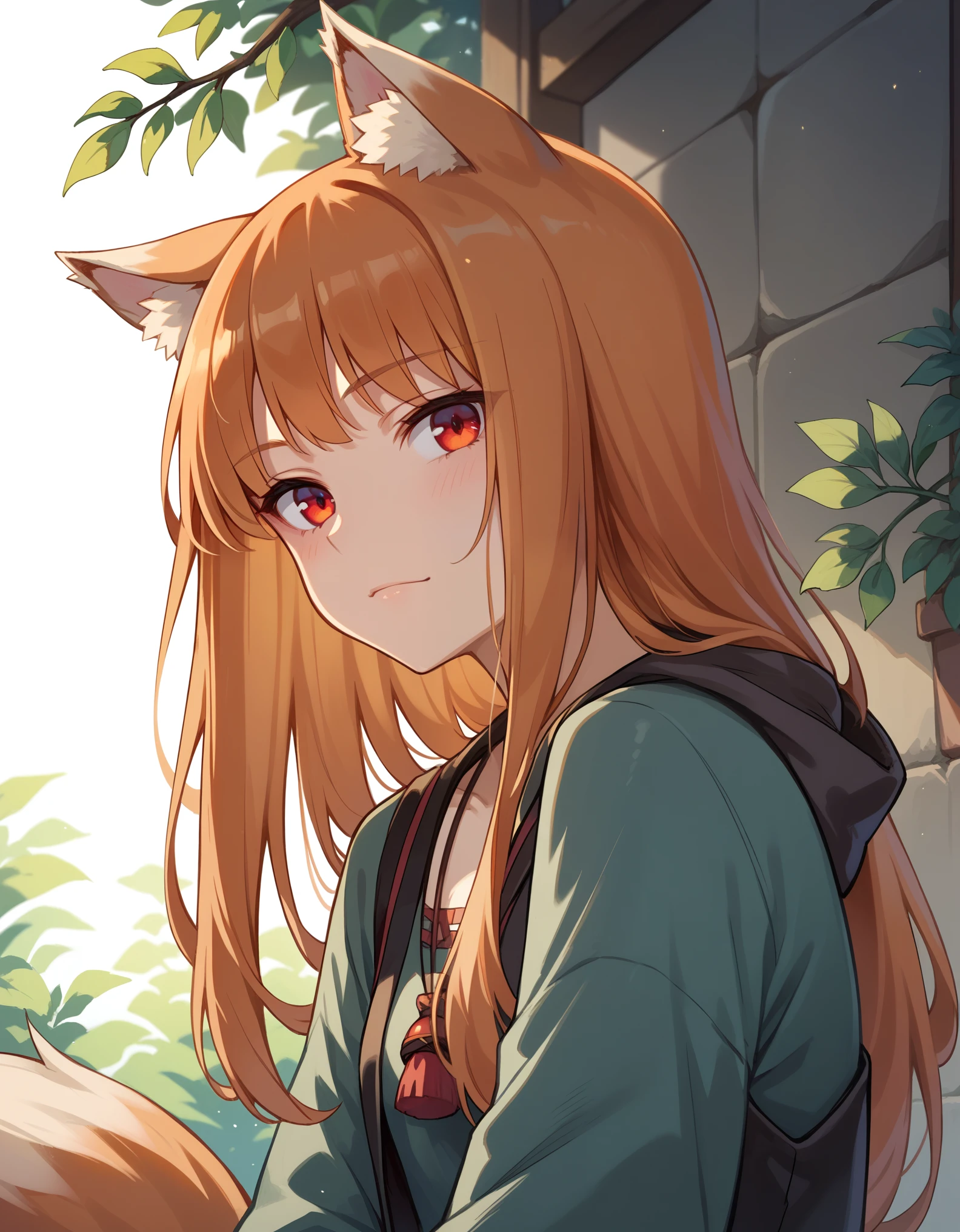 score_9, score_8_up, score_7_up, score_6_up, holo, 1girl, wolf ears, long hair, solo, red eyes, ginger hair, wolf tail,