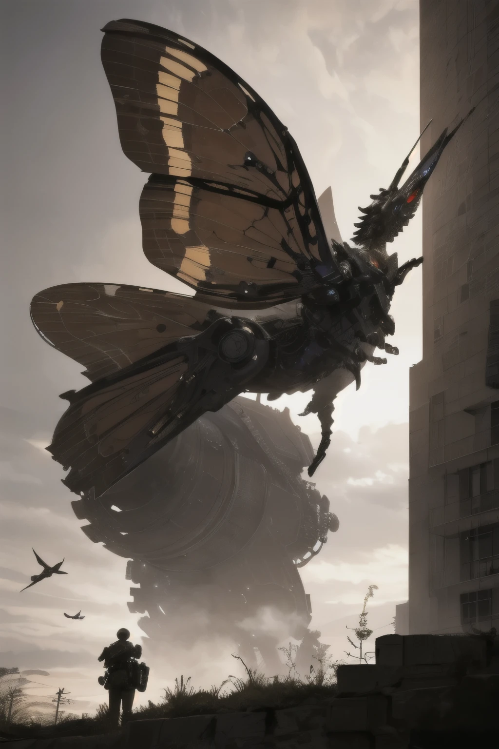 a giant robotic moth, made of black metal, intricate yet imposing, built for war, steampunk, mechanical moth