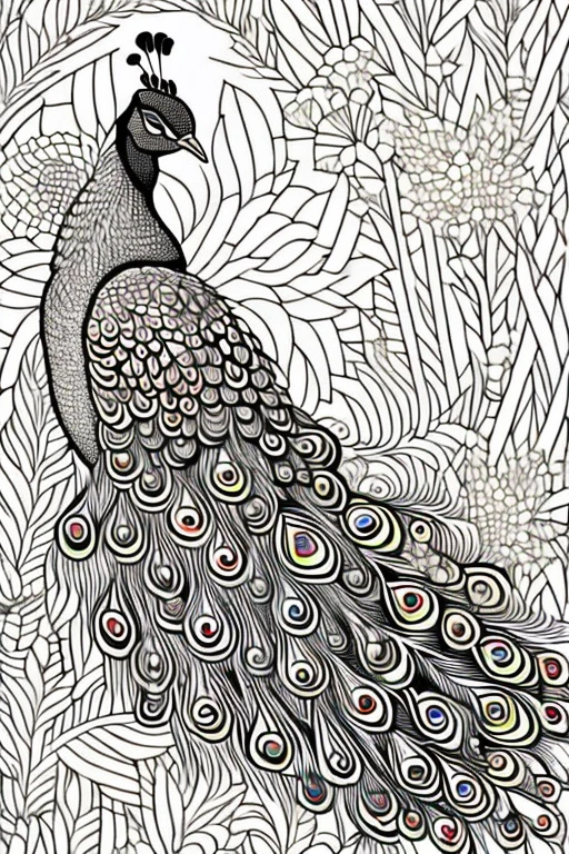 peacock, for adult coloring book, medium intricate edged poligonal forms inside without shadows, only white spaces, a4 format, white background