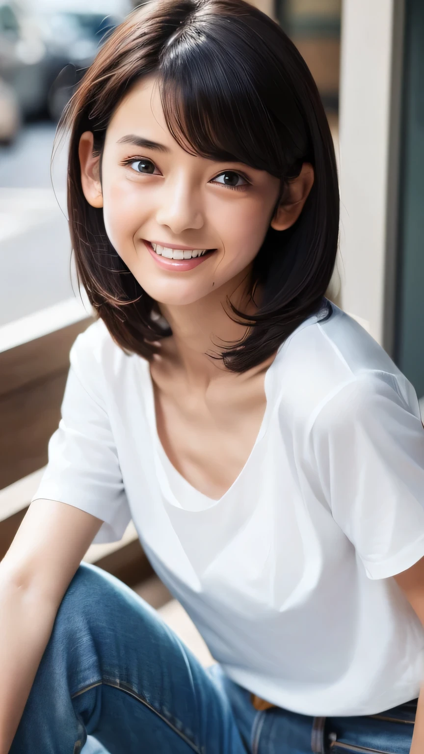 RAW photo, camera'line of sight, ((highest quality, 8k, table top: 1.3)), sharp focus: 1.2, white shirt, japanese woman、cute features, best smile, cute smile, beautiful woman with perfect style: 1.4, thin abs: 1.2, dark brown hair, (Natural light, city street: 1.1), Highly detailed face and skin texture, fine eyes, double eyelid