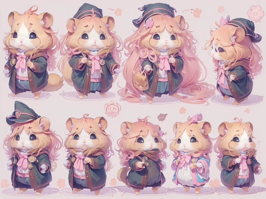 (masterpiece, Best Quality, Anatomically correct, hamsterになったひつじちゃん:girl:Fluffy pink long hair:Thick eyebrows:ピンクのWizard&#39;s Clothes), 魔法で戦うhamster, (hamsterウィザード:Wizard&#39;s Clothes:Magician&#39;s wand:Wizard&#39;s Hat:detailed), Use of magic, Magical Effects, Optics, colorful, Fluffy hamsters, Show all,Chibi, cute, 超fun, fun, The cutest hamster, hamster