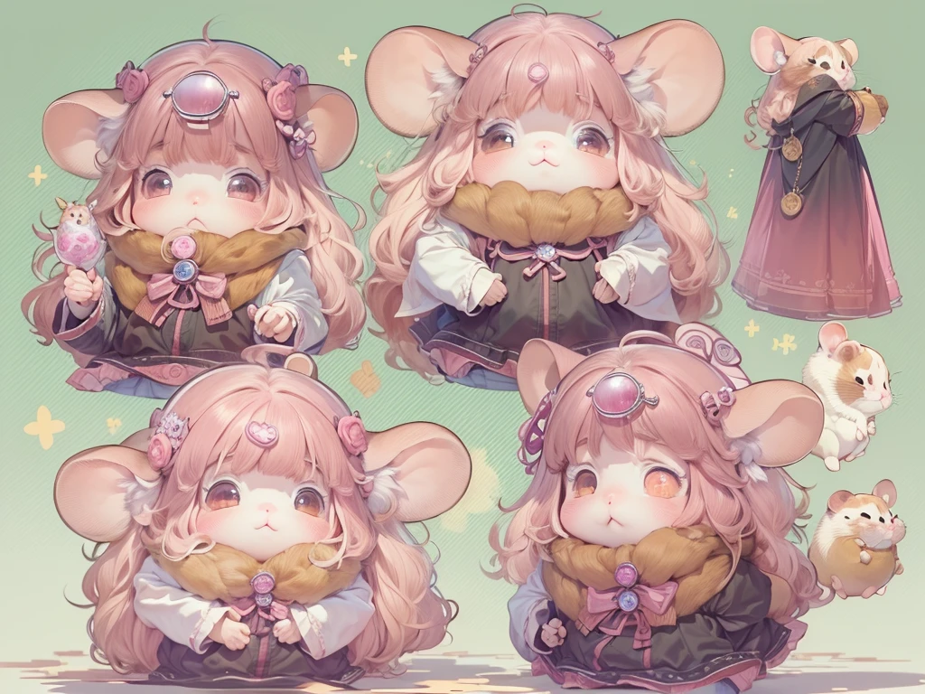 (masterpiece, Best Quality, Anatomically correct, hamsterになったひつじちゃん:girl:Fluffy pink long hair:Thick eyebrows:ピンクのWizard&#39;s Clothes), 魔法で戦うhamster, (hamsterウィザード:Wizard&#39;s Clothes:Magician&#39;s wand:Wizard&#39;s Hat:detailed), Use of magic, Magical Effects, Optics, colorful, Fluffy hamsters, Show all,Chibi, cute, 超fun, fun, The cutest hamster, hamster