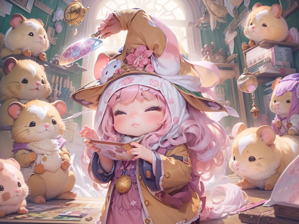 (masterpiece, Best Quality, Anatomically correct, hamsterになったひつじちゃん:girl:Fluffy pink long hair:Thick eyebrows:ピンクのWizard&#39;s Clothes), 魔法で戦うhamster, (hamsterウィザード:Wizard&#39;s Clothes:Magician&#39;s wand:Wizard&#39;s Hat:detailed), Use of magic, Magical Effects, Optics, colorful, Fluffy hamsters, Show all,Chibi, cute, 超fun, fun, The cutest hamster, hamster